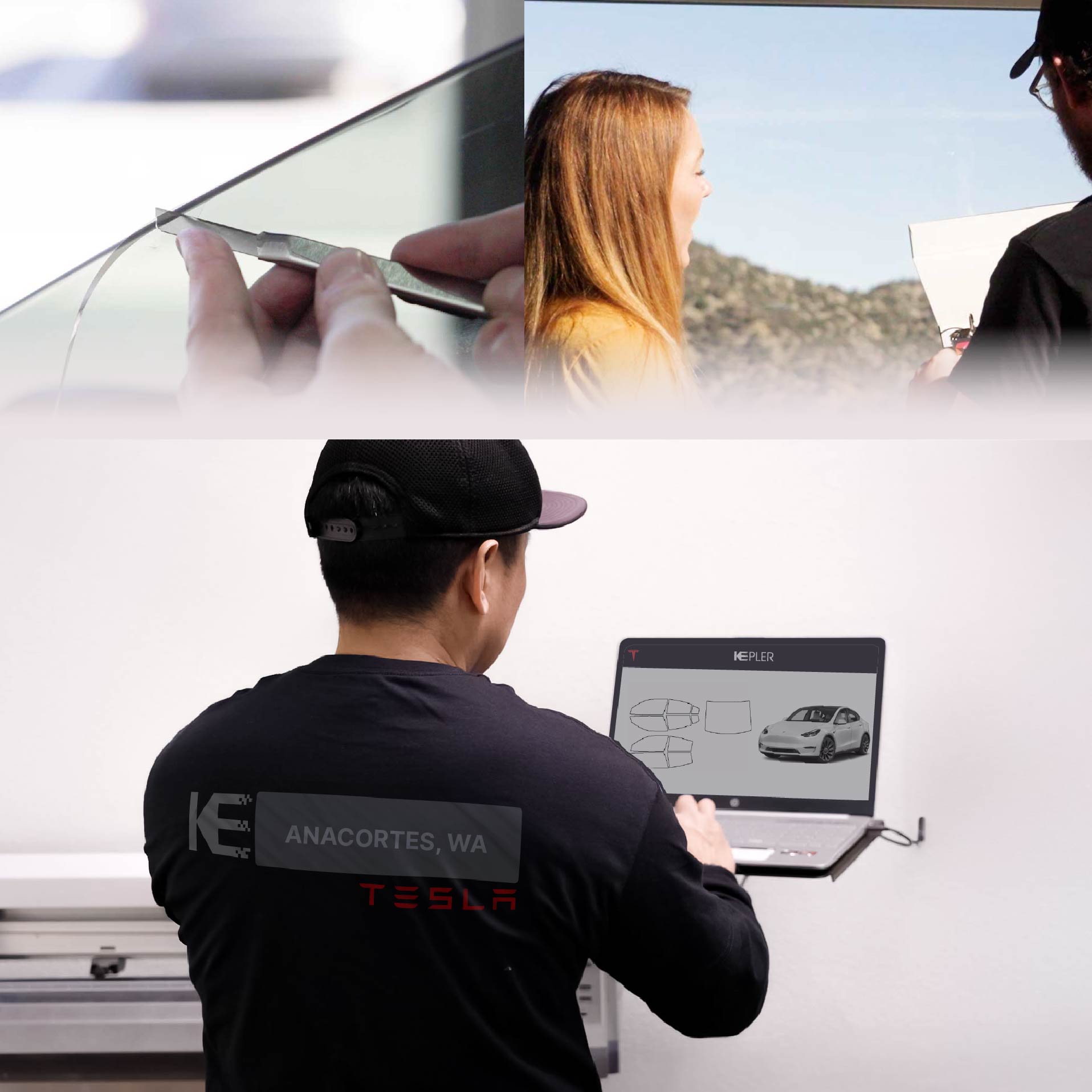 Kepler Technician Installing Advanced Window Tint to Tesla in Anacortes