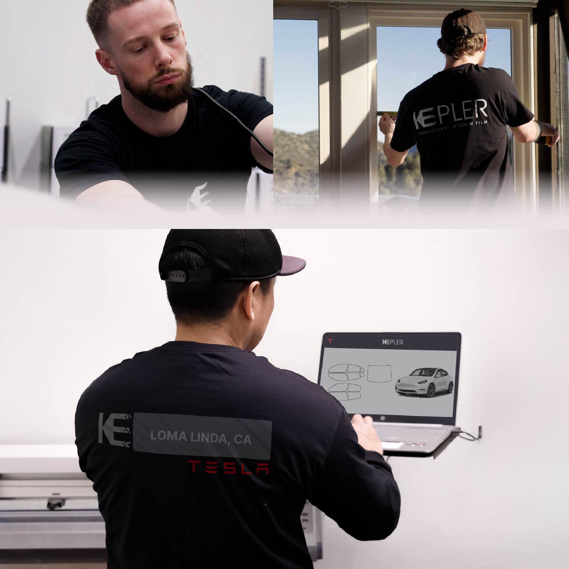 Expert Technician Installing Advanced Window Tint to Tesla in Loma Linda