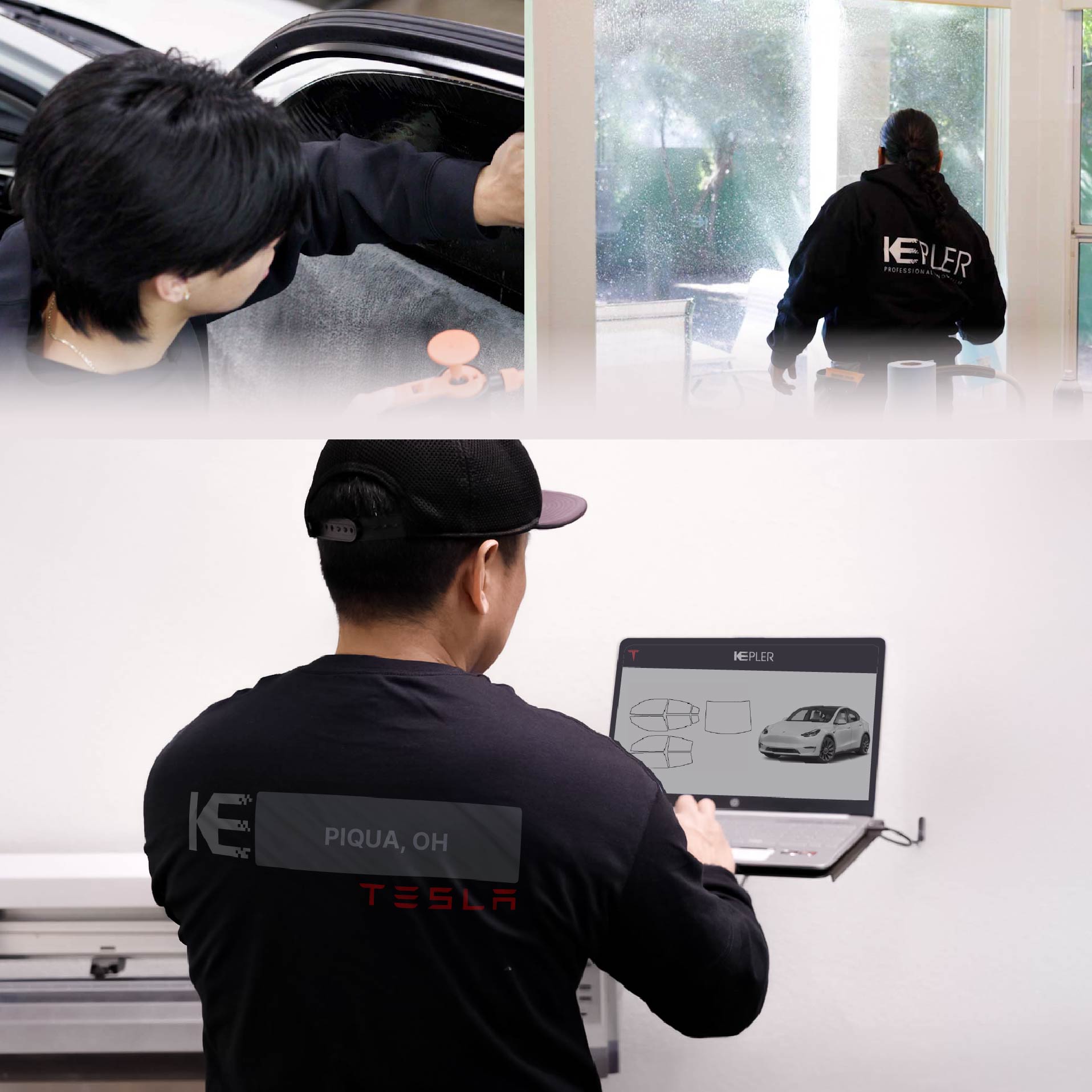 Kepler Technician Fitting High-tech Window Tint to Tesla in Piqua