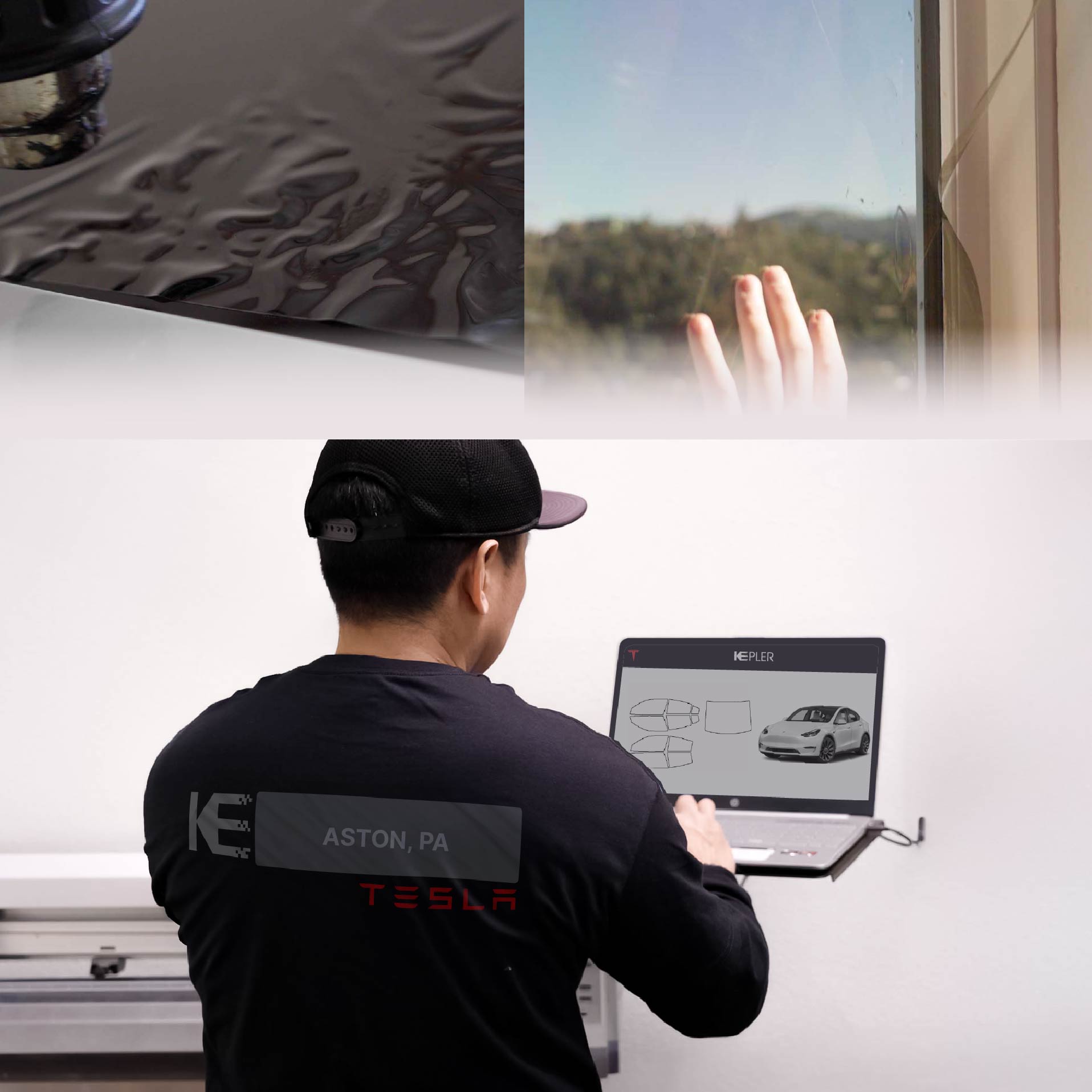 Kepler Technician Fitting High-tech Window Tint to Tesla in Aston