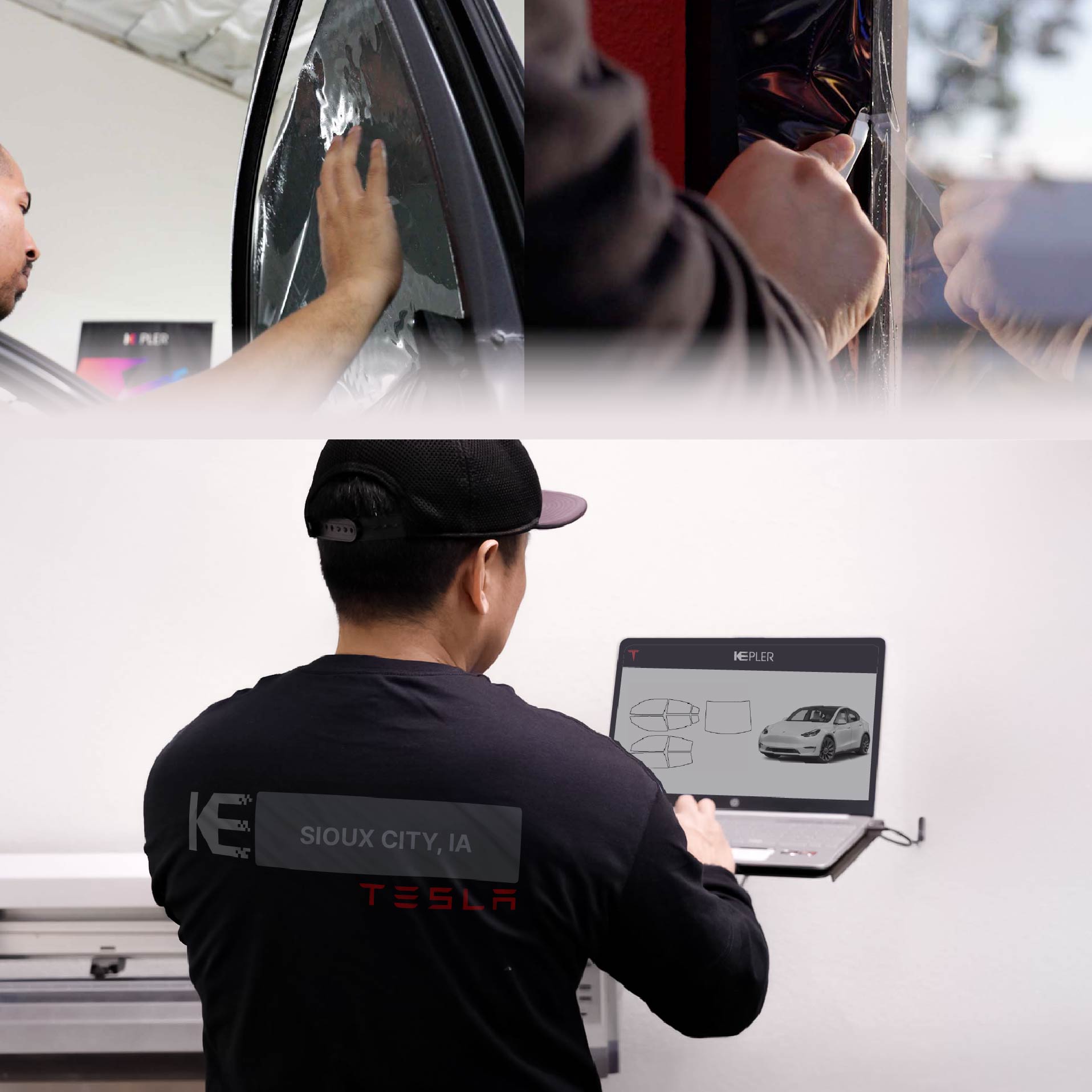 Expert Technician Fitting Ceramic Window Tint to Tesla in Sioux City