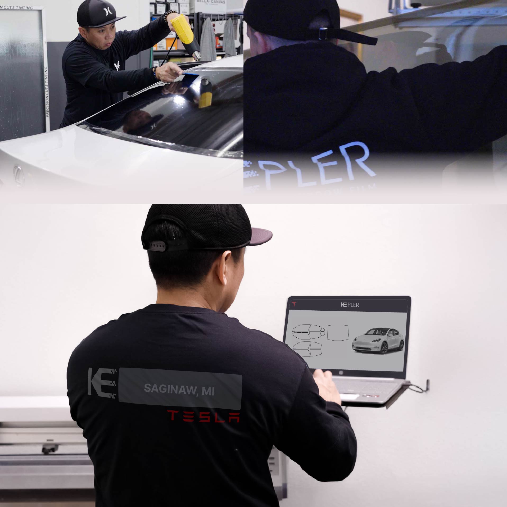 Expert Technician Applying High-tech Window Tint to Tesla in Saginaw