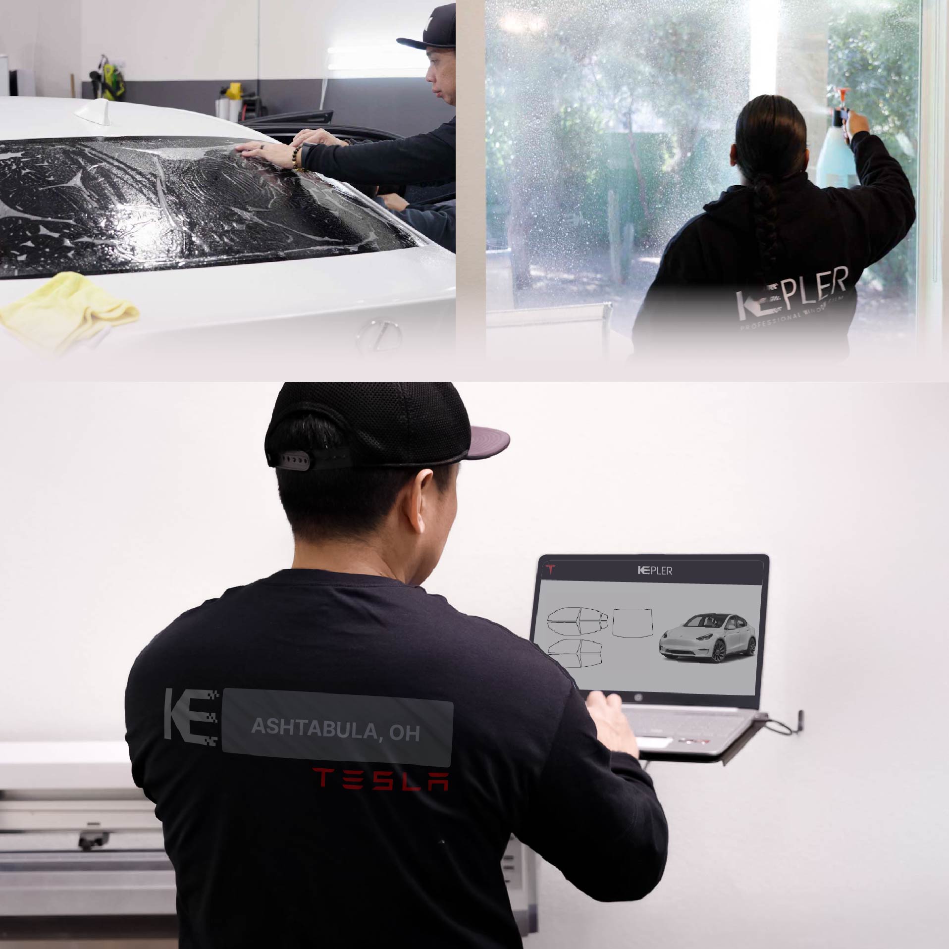 Expert Technician Installing Ceramic Window Tint to Tesla in Ashtabula