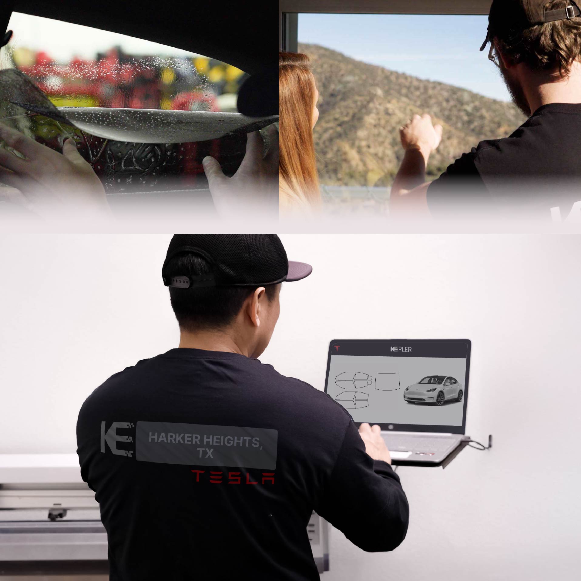 Kepler Technician Installing Ceramic Window Tint to Tesla in Harker Heights