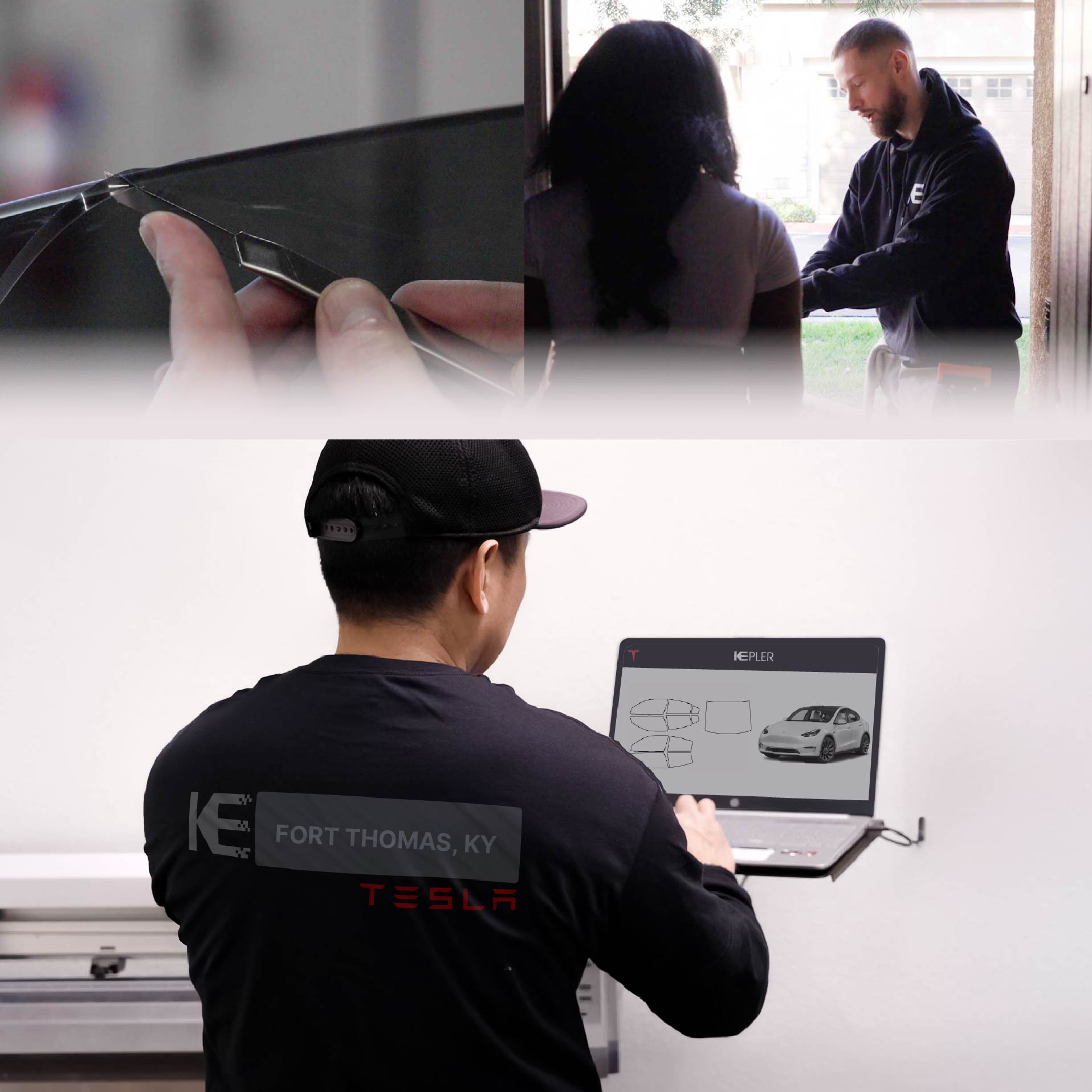 Expert Technician Fitting Ceramic Window Tint to Tesla in Fort Thomas