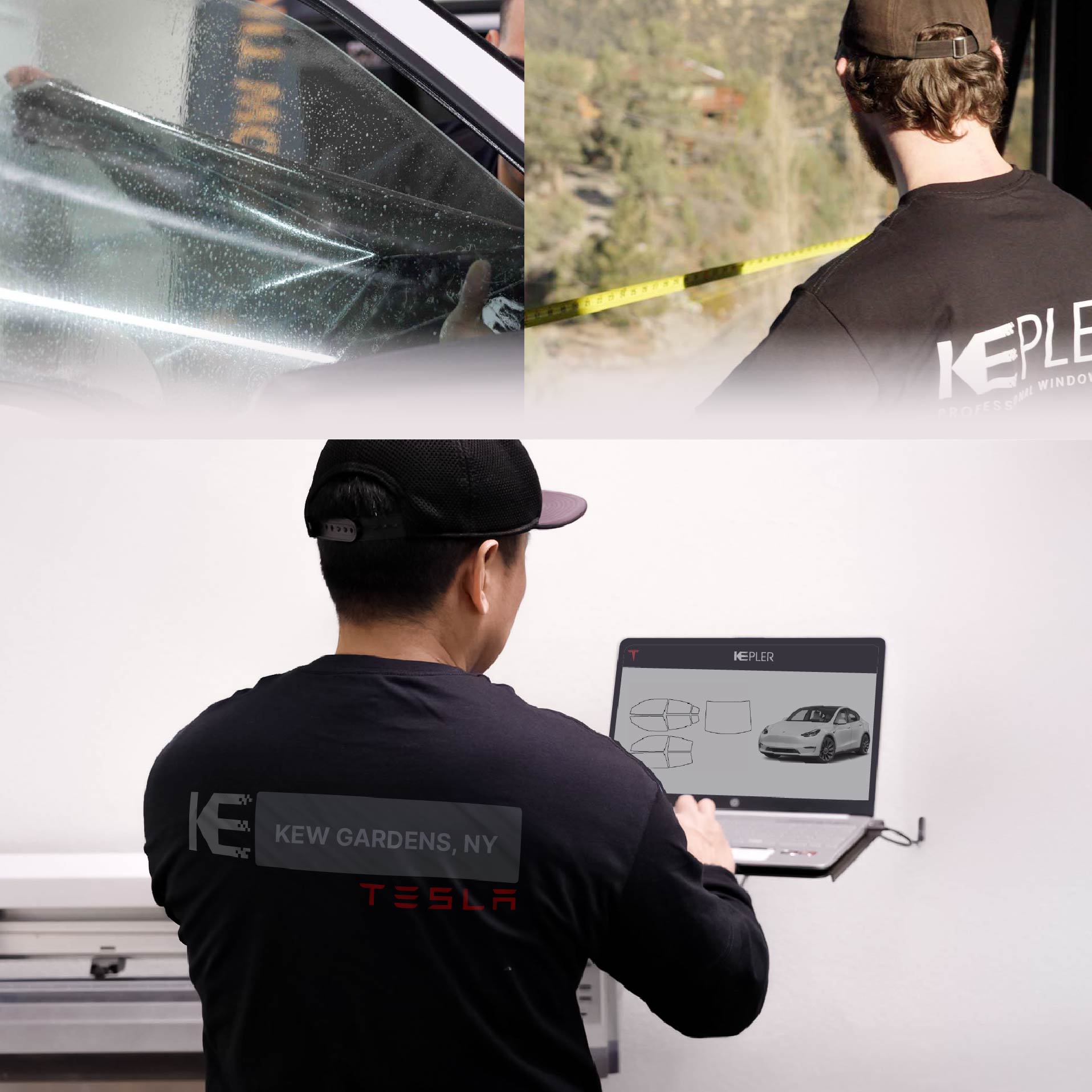 Expert Technician Applying Ceramic Window Tint to Tesla in Kew Gardens