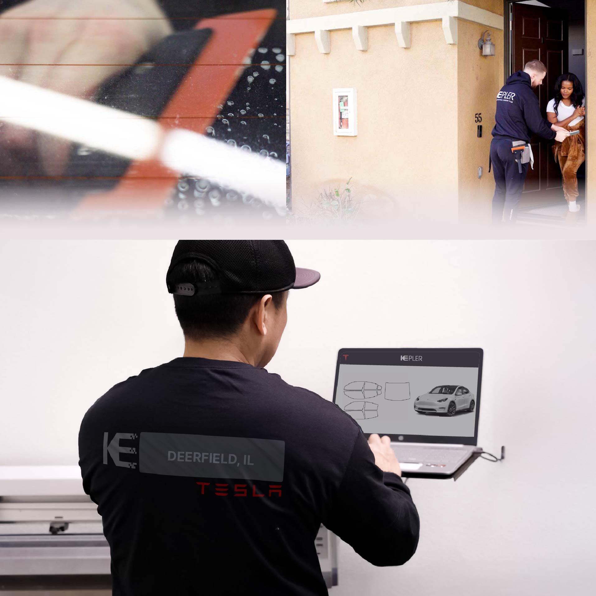 Expert Technician Fitting Ceramic Window Tint to Tesla in Deerfield