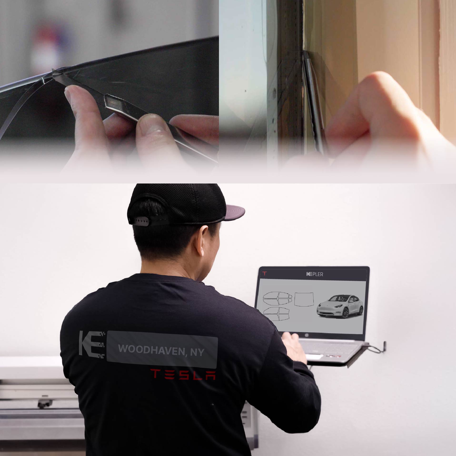 Kepler Technician Installing Advanced Window Tint to Tesla in Woodhaven