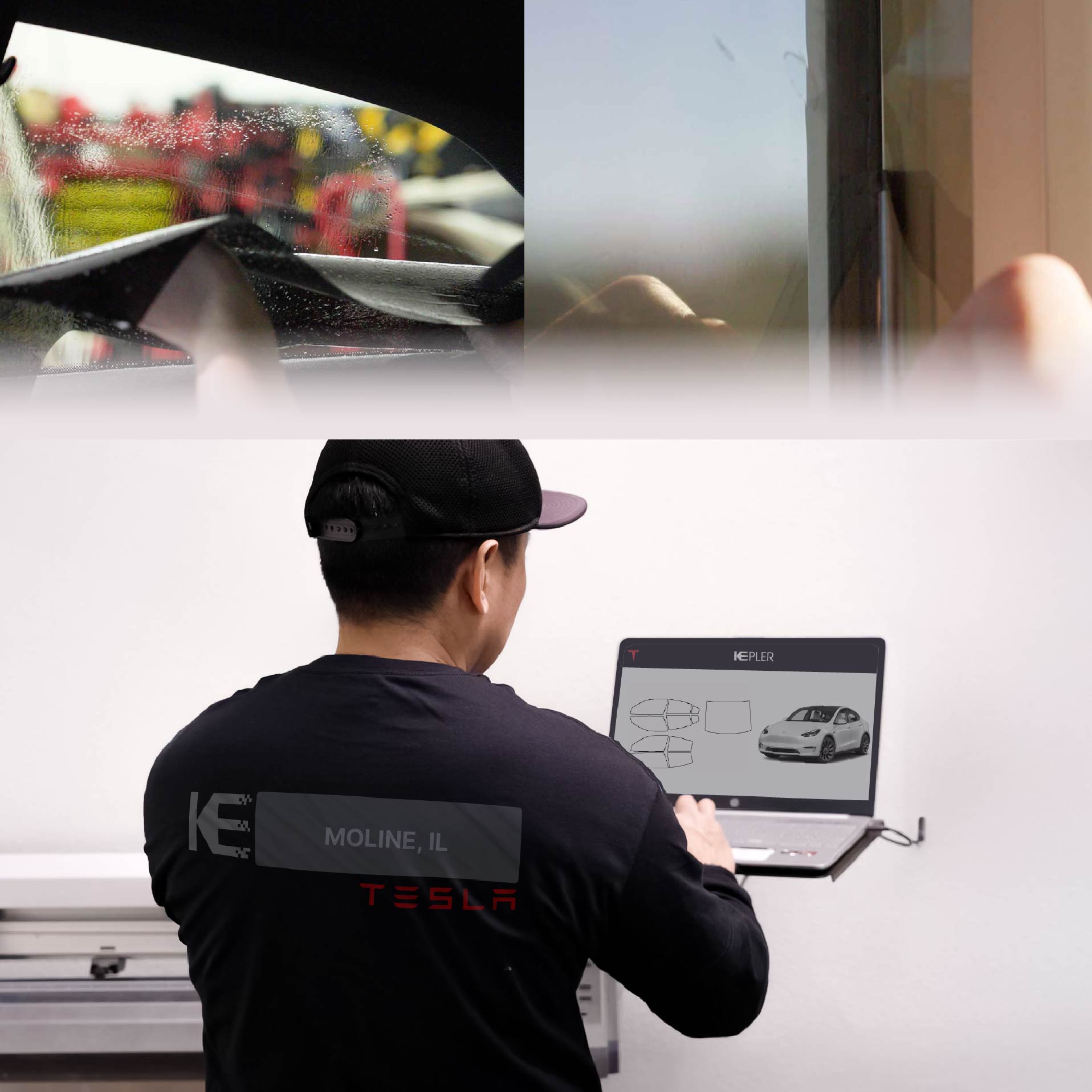 Kepler Technician Installing Advanced Window Tint to Tesla in Moline
