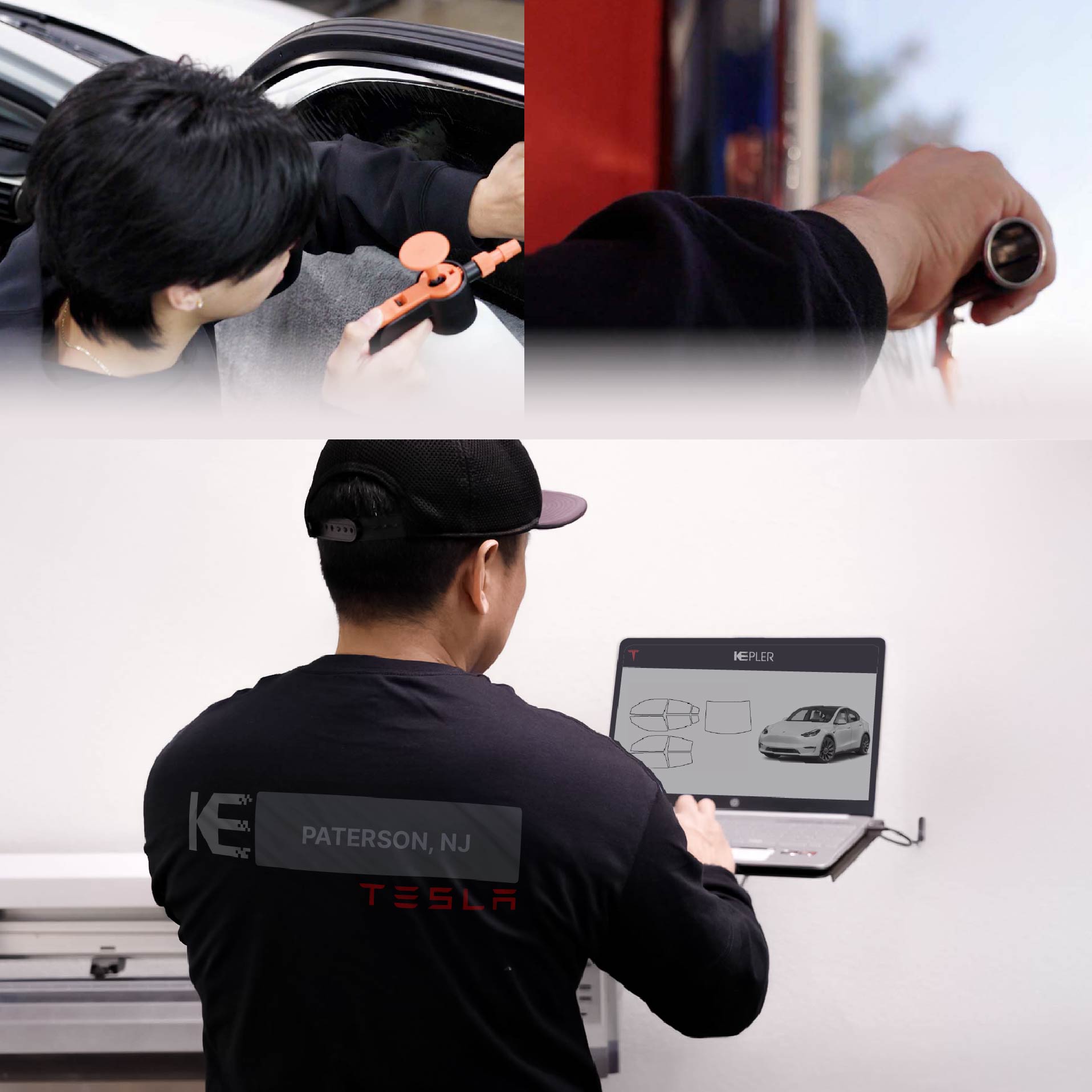 Kepler Technician Installing Ceramic Window Tint to Tesla in Paterson