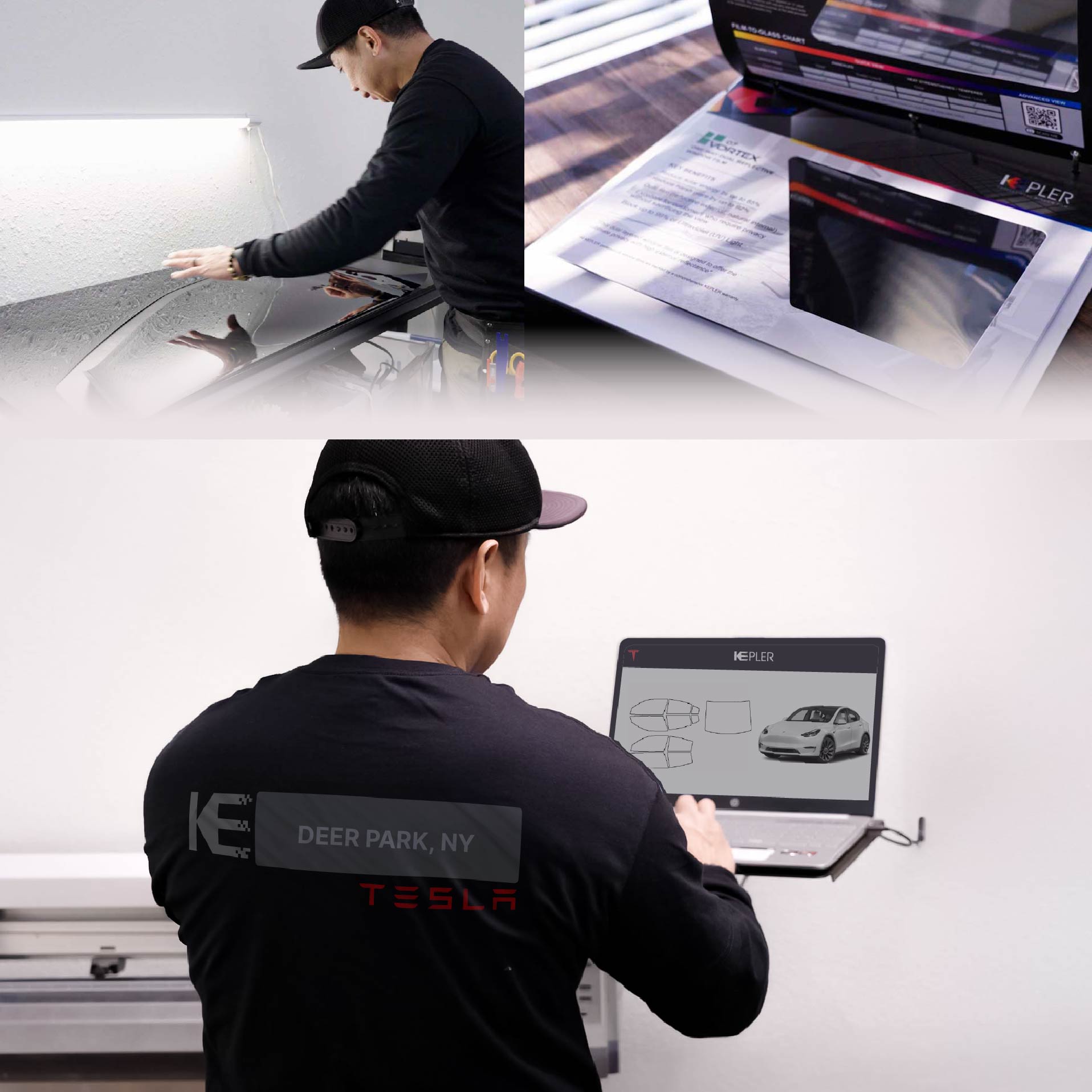 Kepler Technician Installing Advanced Window Tint to Tesla in Deer Park