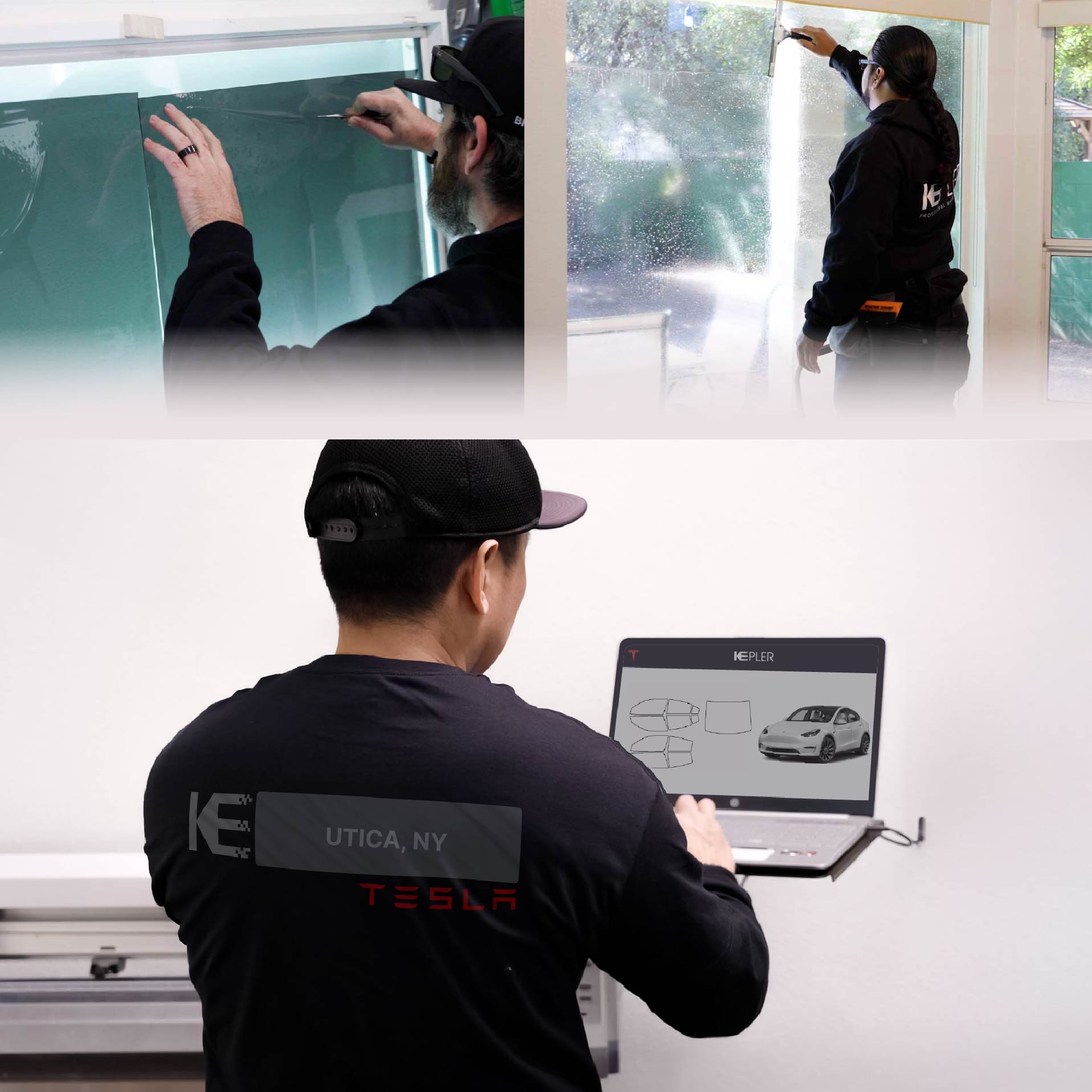 Kepler Technician Installing Advanced Window Tint to Tesla in Utica