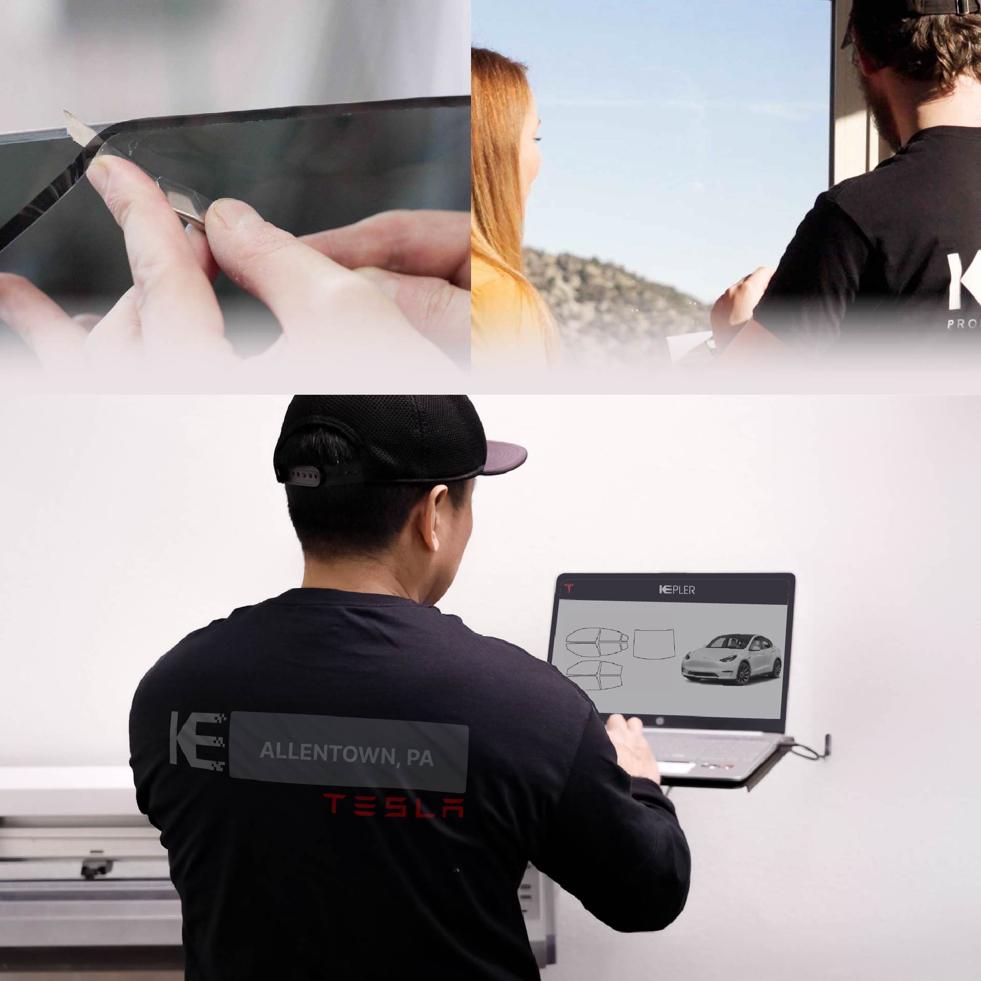 Expert Technician Fitting Advanced Window Tint to Tesla in Allentown