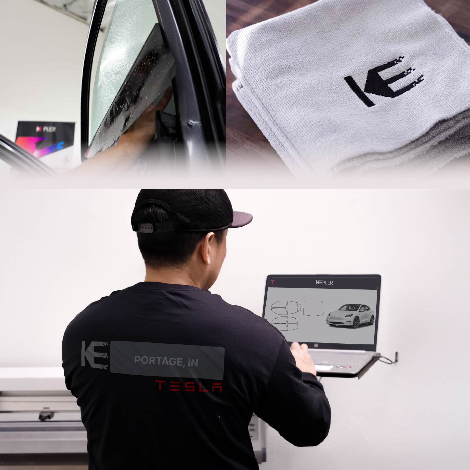 Kepler Technician Fitting Advanced Window Tint to Tesla in Portage