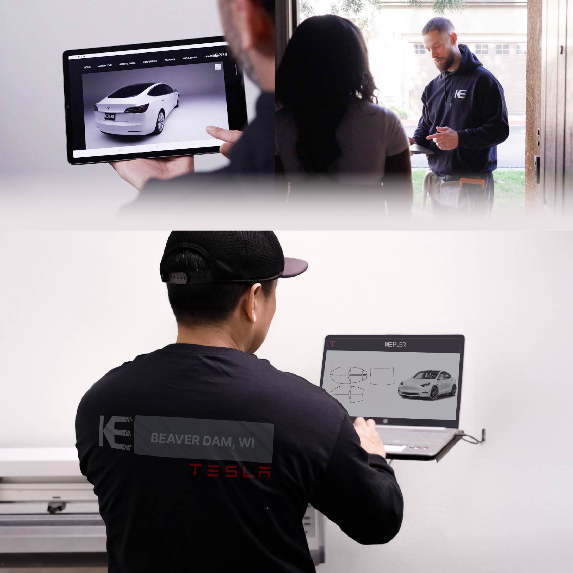 Kepler Technician Installing High-tech Window Tint to Tesla in Beaver Dam