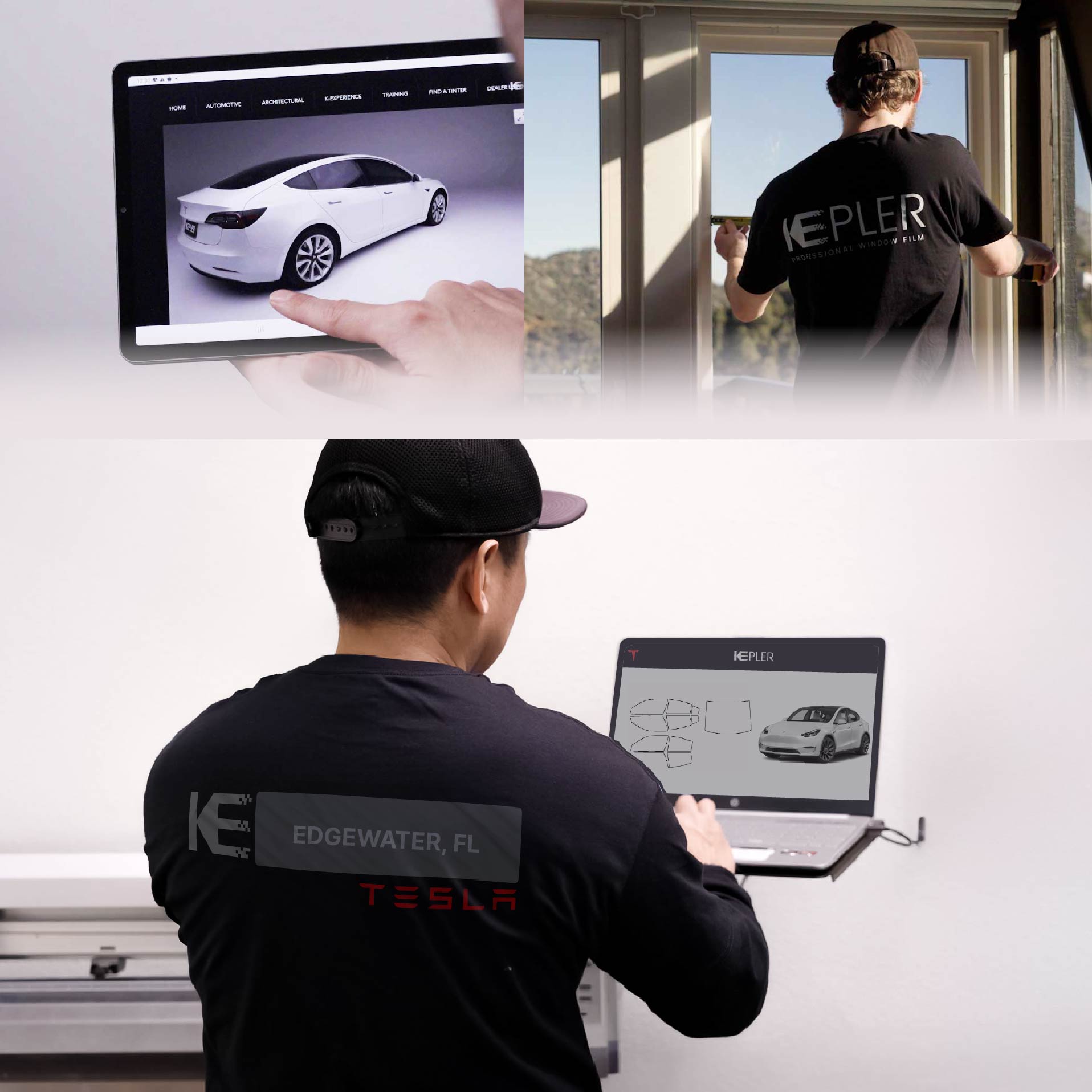 Expert Technician Fitting Ceramic Window Tint to Tesla in Edgewater
