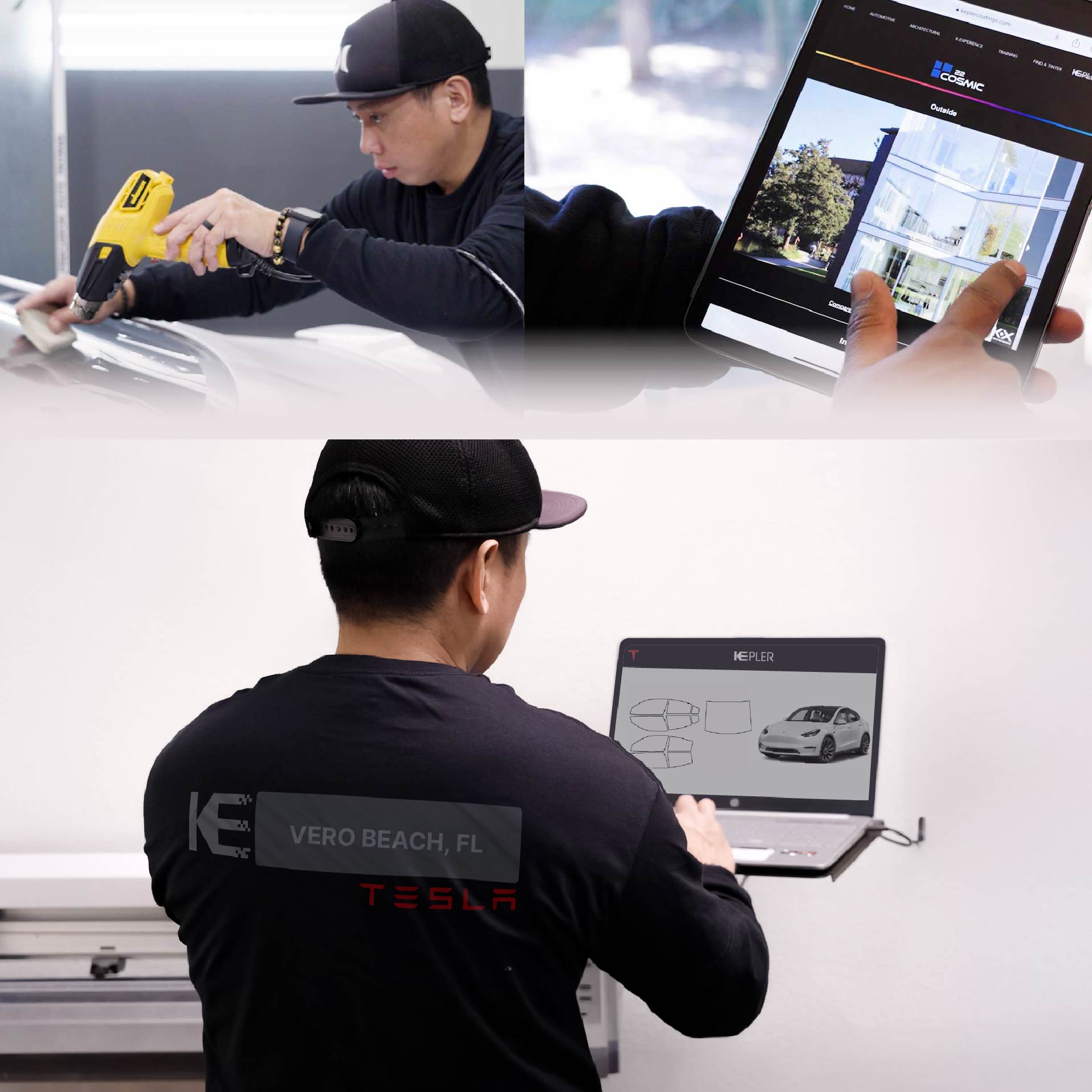 Expert Technician Installing Advanced Window Tint to Tesla in Vero Beach