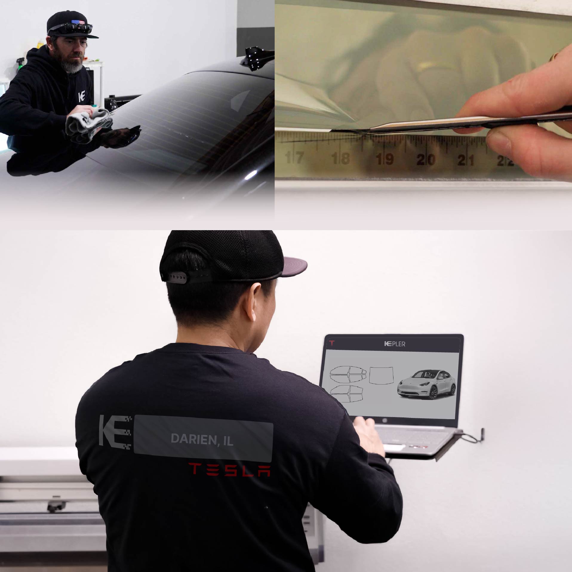 Expert Technician Installing Ceramic Window Tint to Tesla in Darien