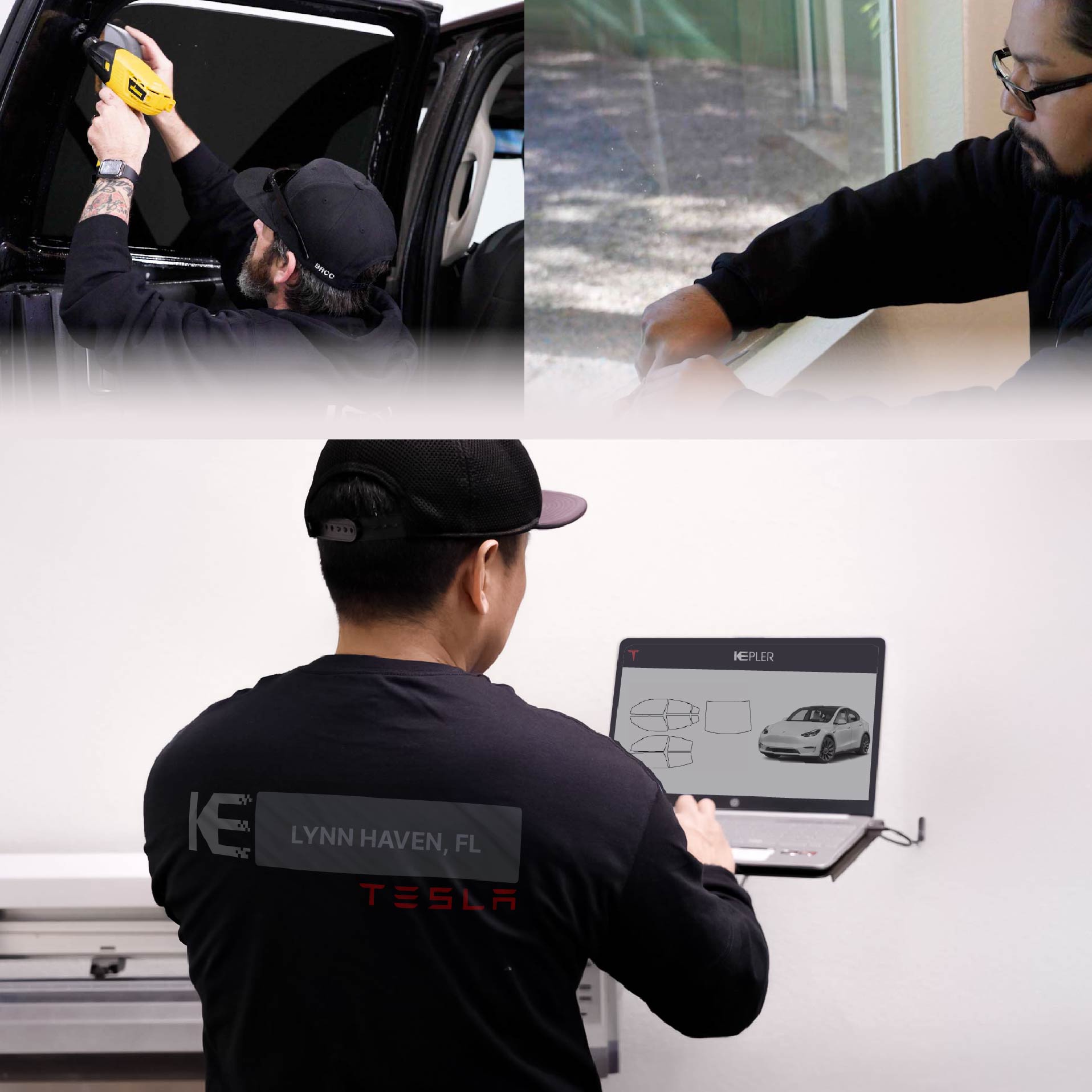 Expert Technician Installing High-tech Window Tint to Tesla in Lynn Haven