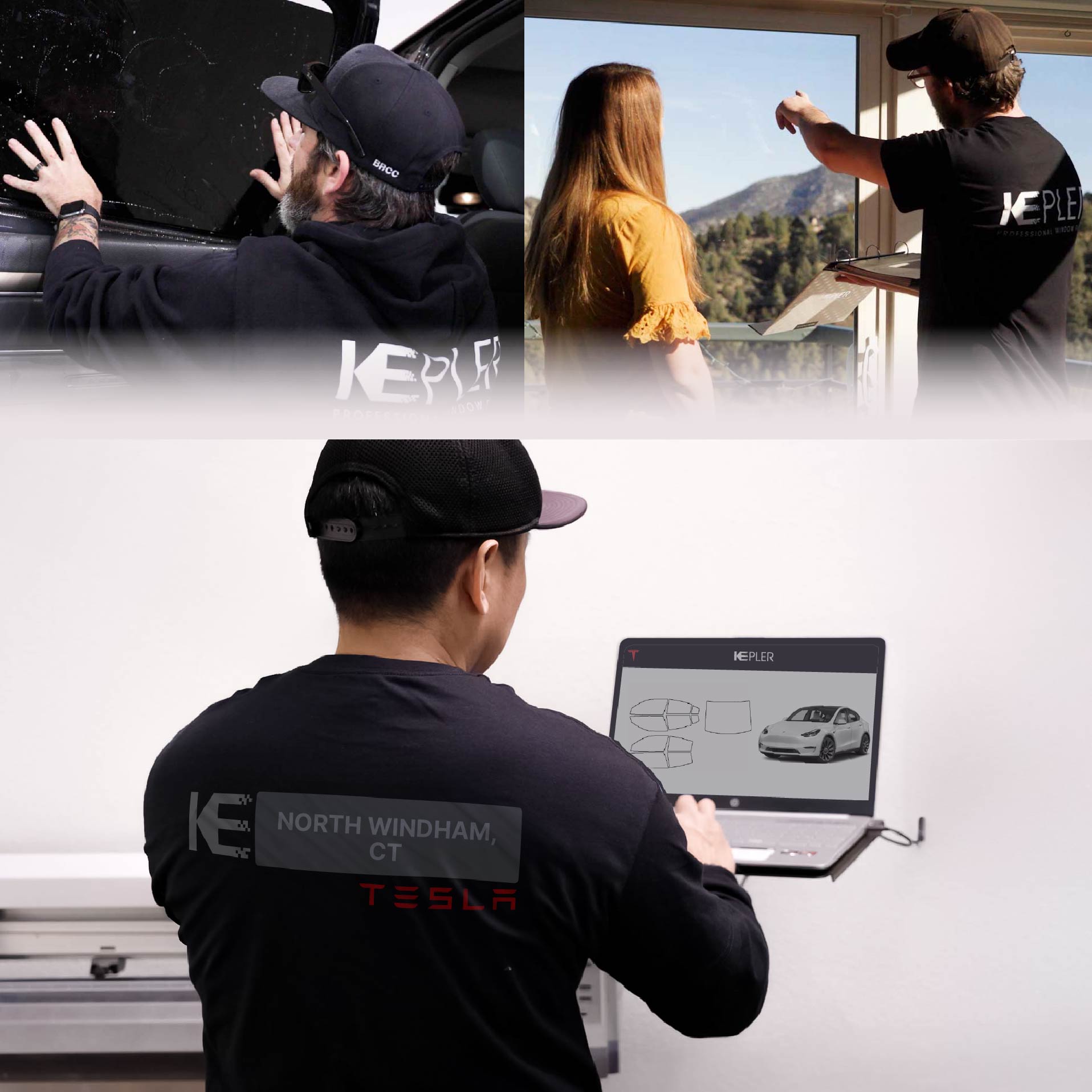Kepler Technician Fitting Ceramic Window Tint to Tesla in North Windham