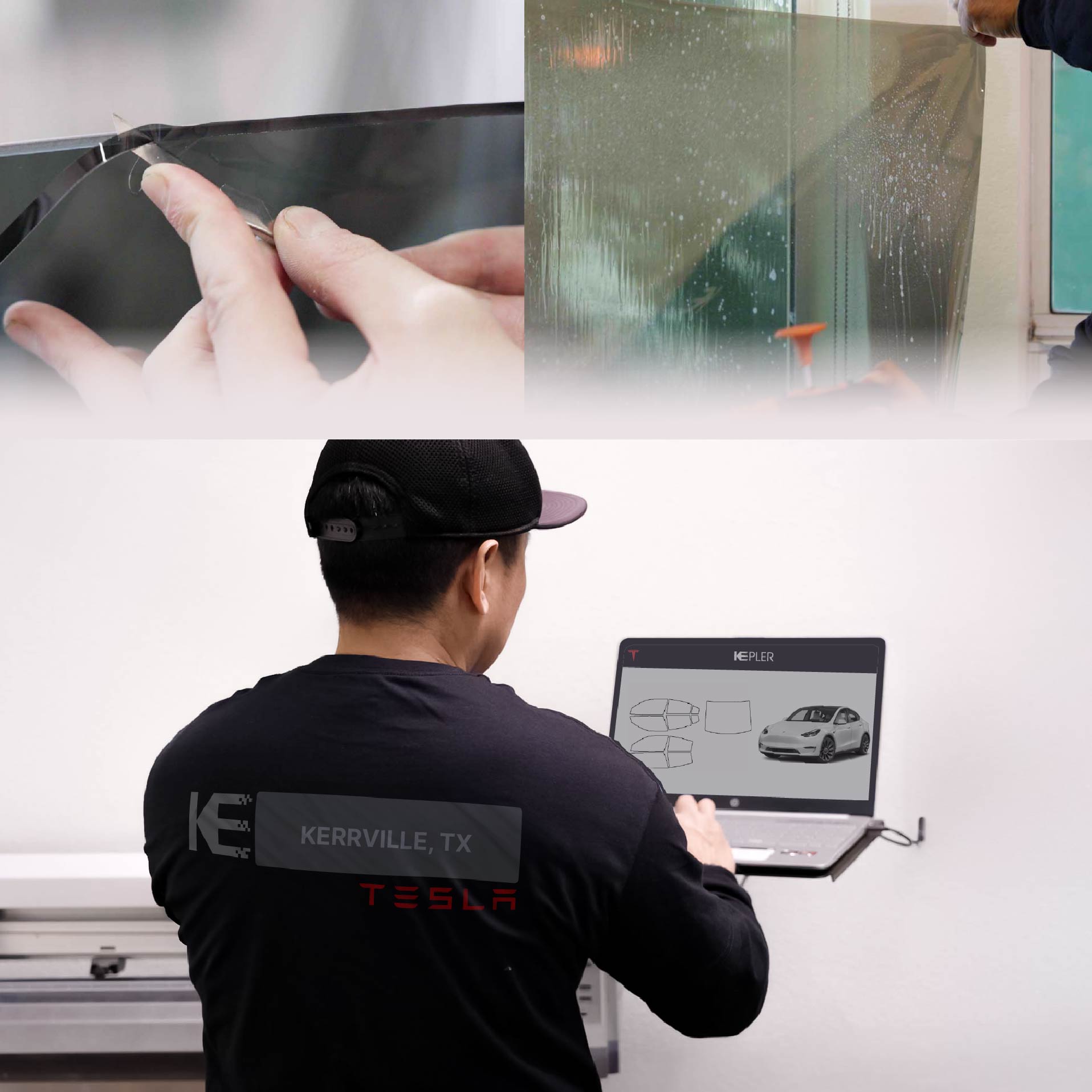 Expert Technician Installing Ceramic Window Tint to Tesla in Kerrville