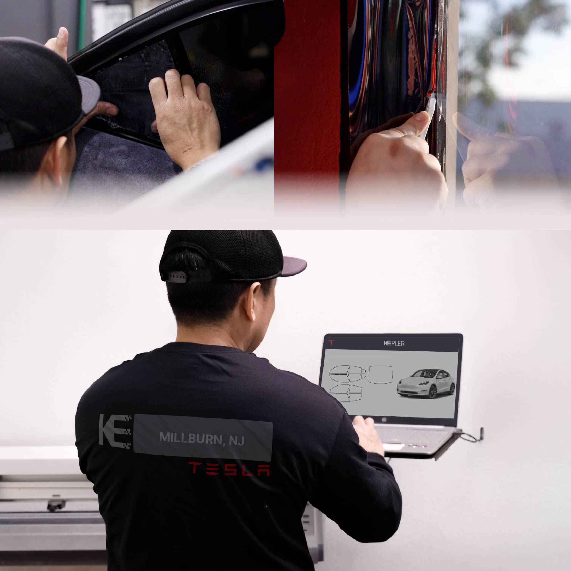 Expert Technician Installing High-tech Window Tint to Tesla in Millburn