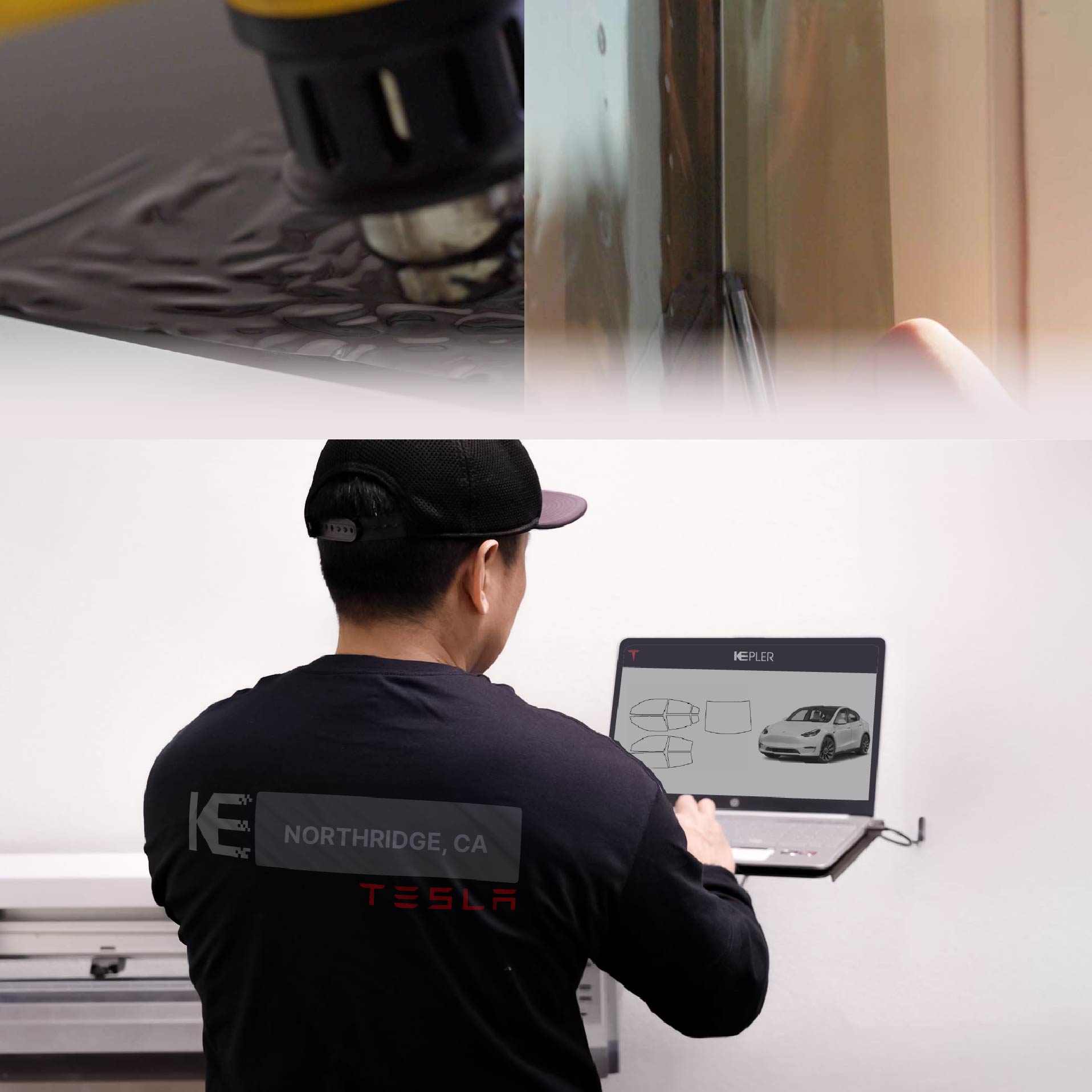 Kepler Technician Installing Advanced Window Tint to Tesla in Northridge