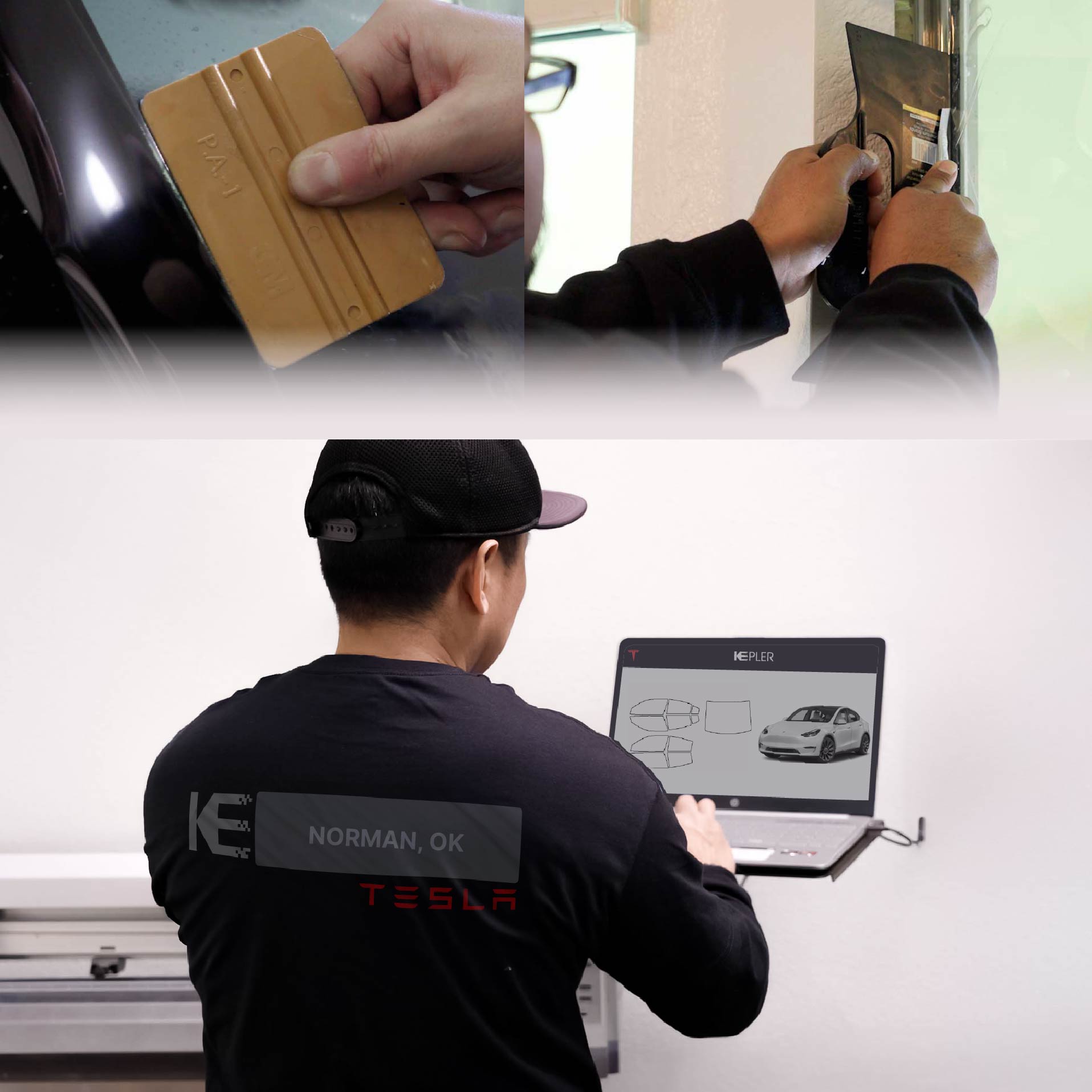 Kepler Technician Installing Ceramic Window Tint to Tesla in Norman