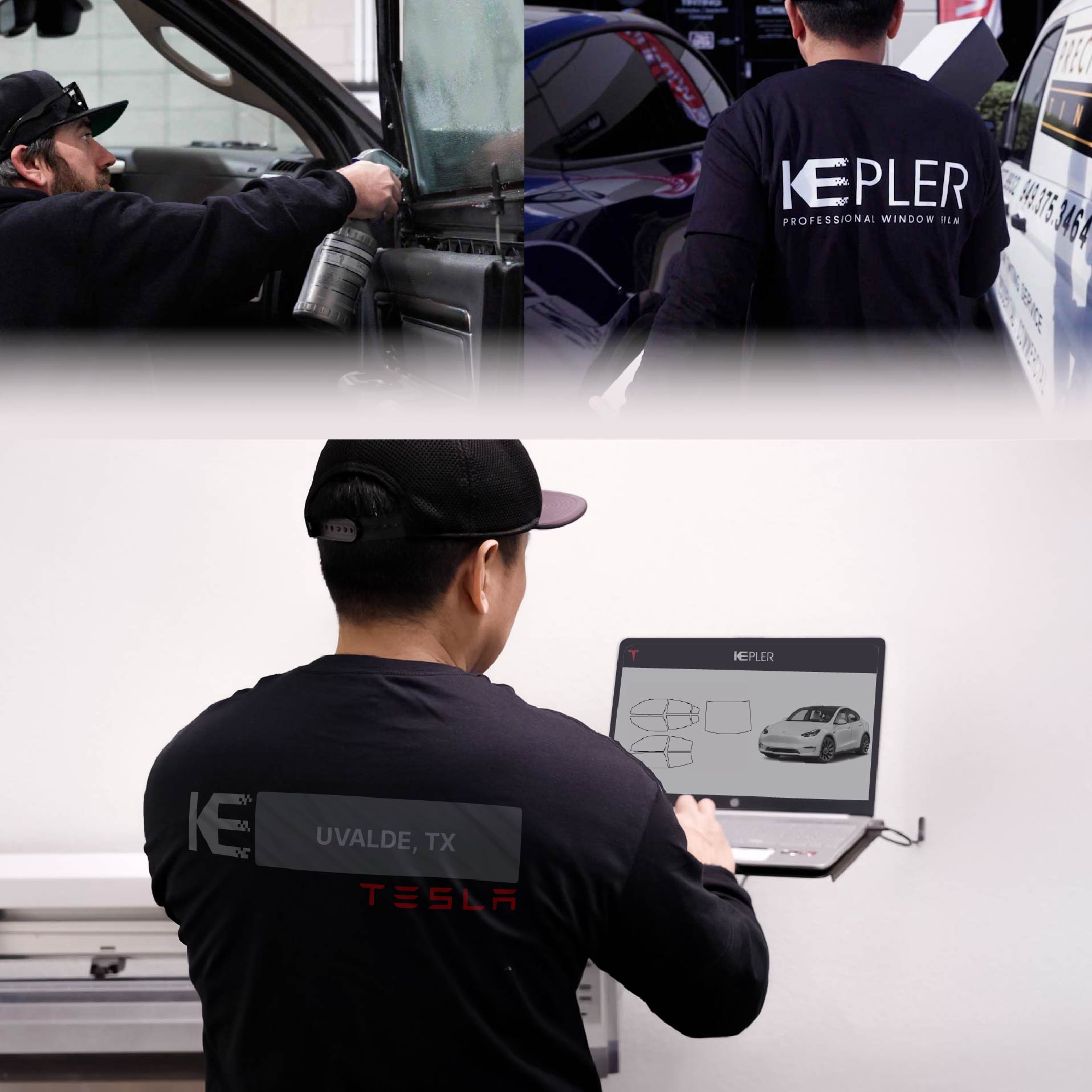Expert Technician Applying Advanced Window Tint to Tesla in Uvalde