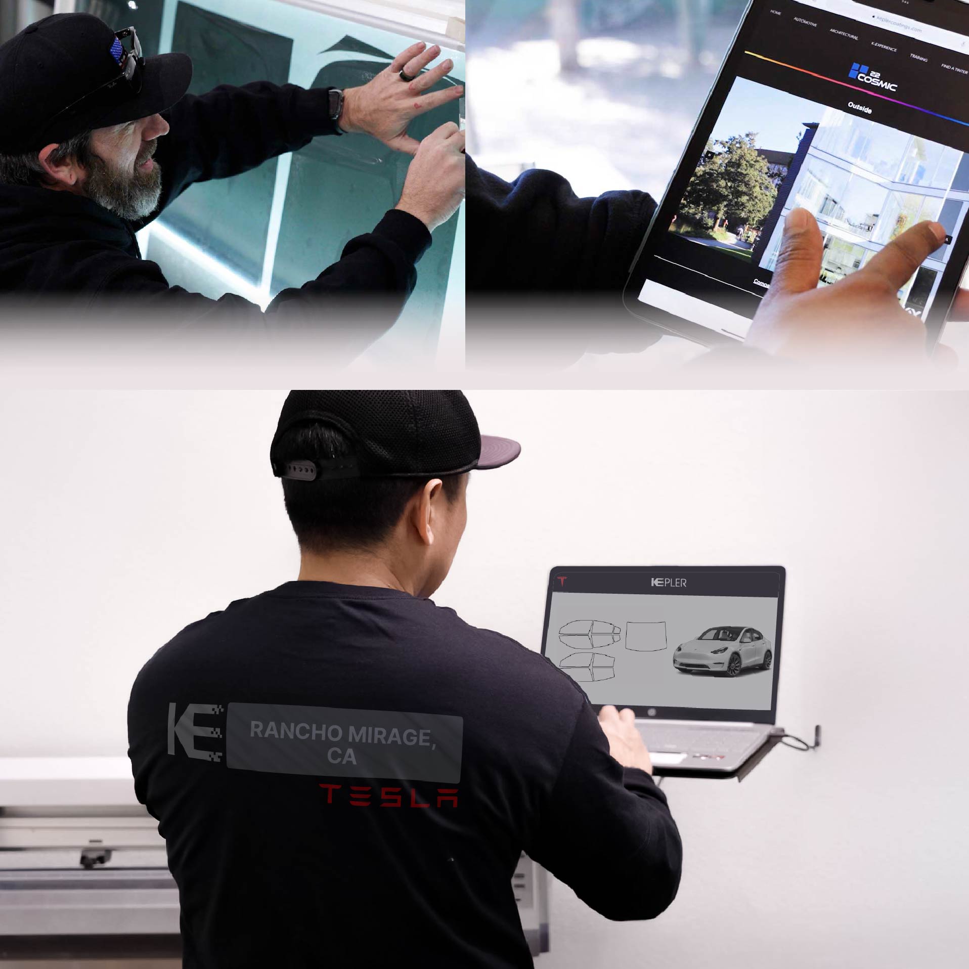 Expert Technician Applying Ceramic Window Tint to Tesla in Rancho Mirage