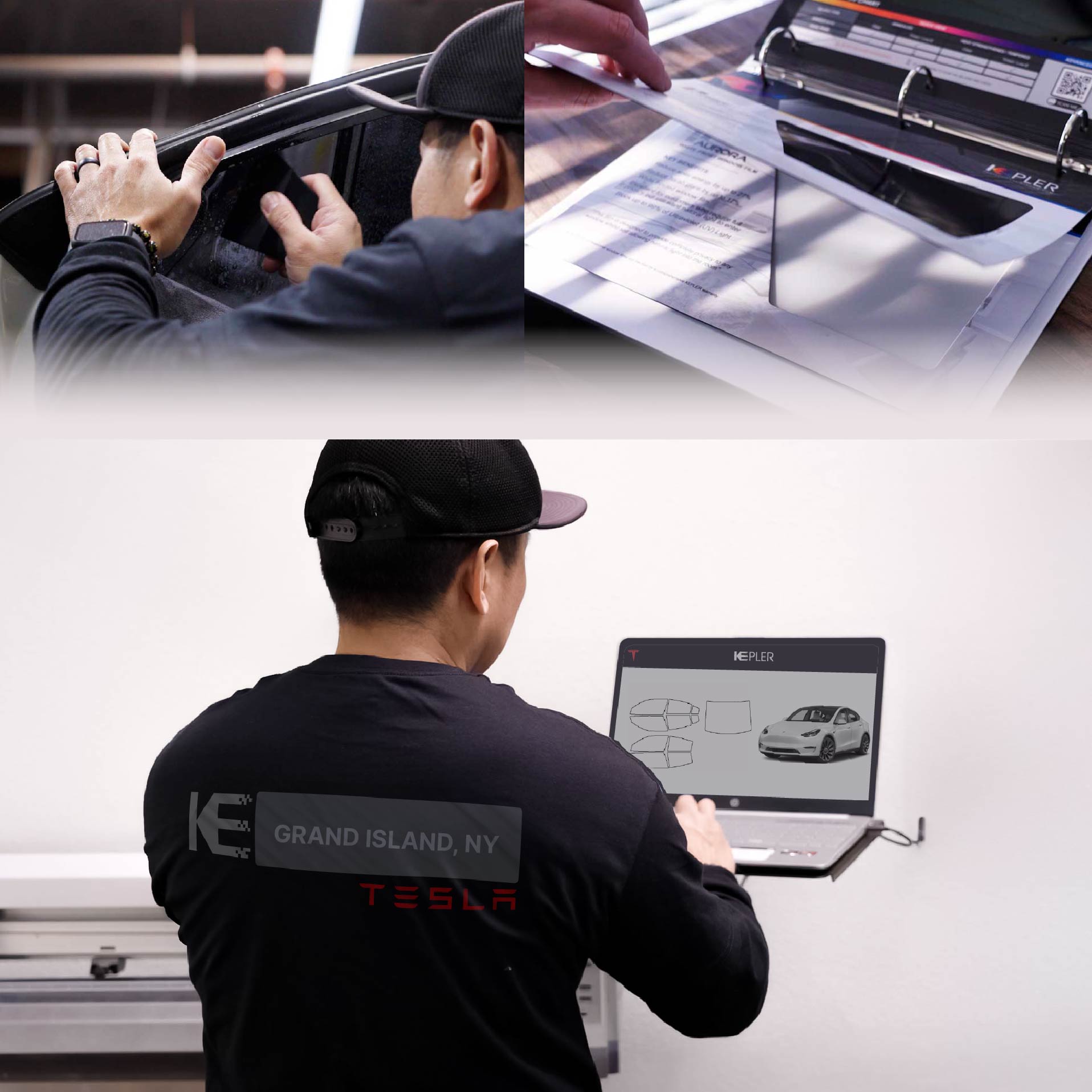 Kepler Technician Fitting High-tech Window Tint to Tesla in Grand Island