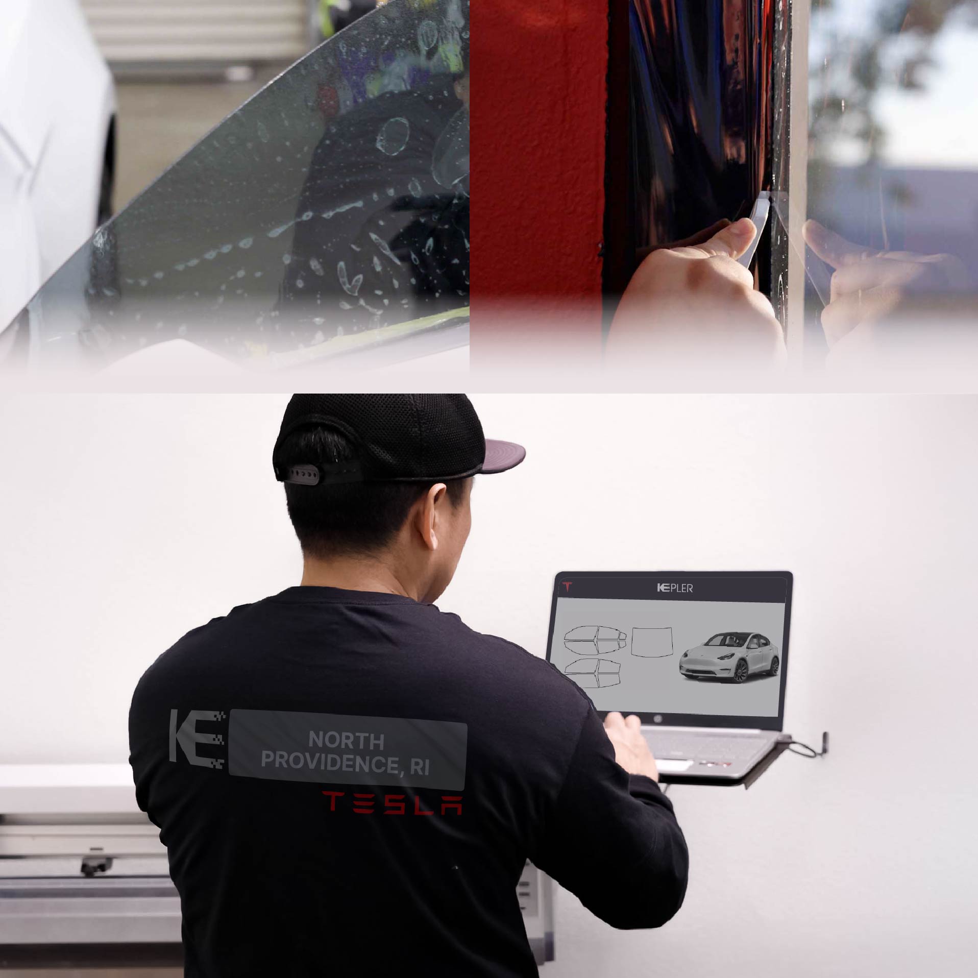 Kepler Technician Applying High-tech Window Tint to Tesla in North Providence