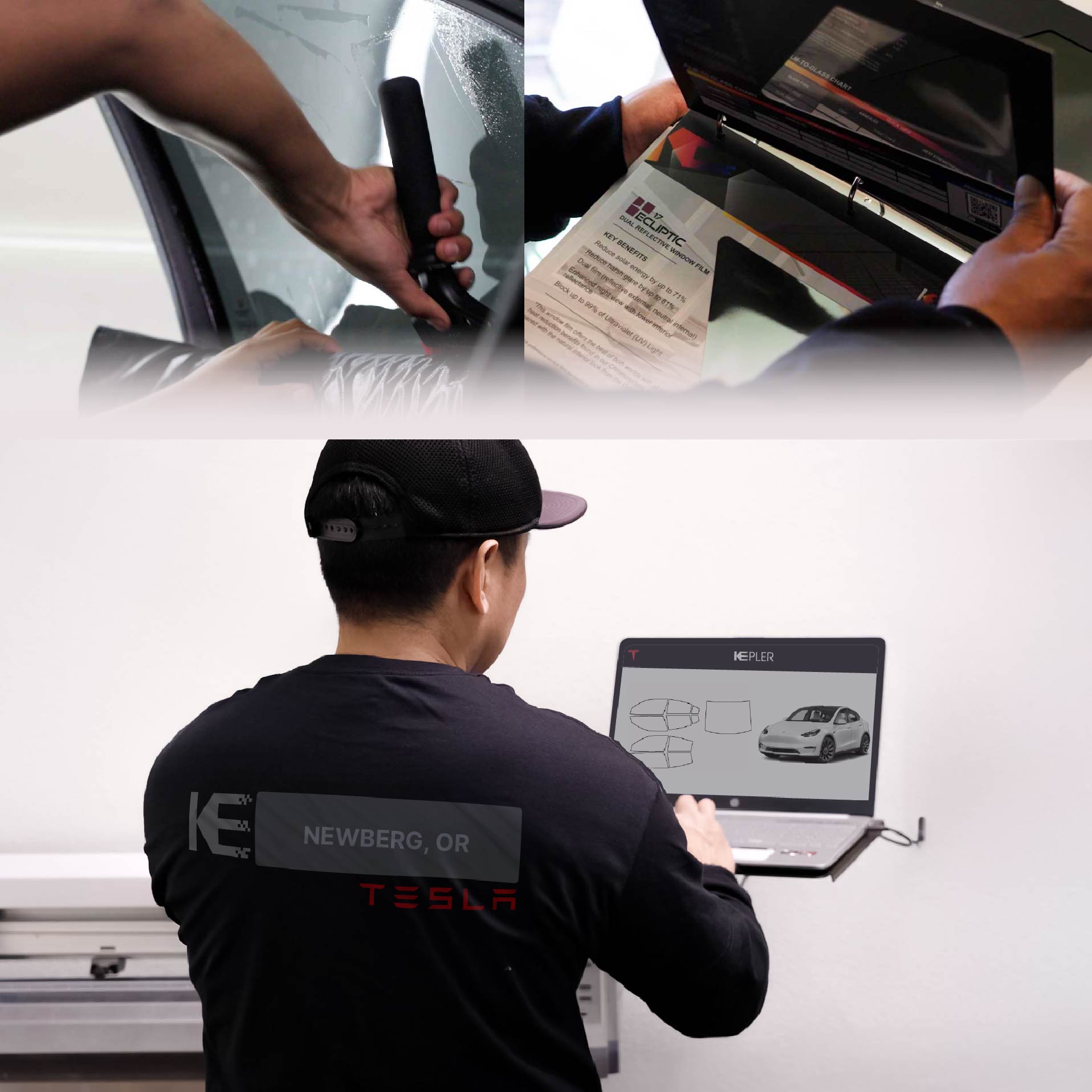 Kepler Technician Fitting High-tech Window Tint to Tesla in Newberg