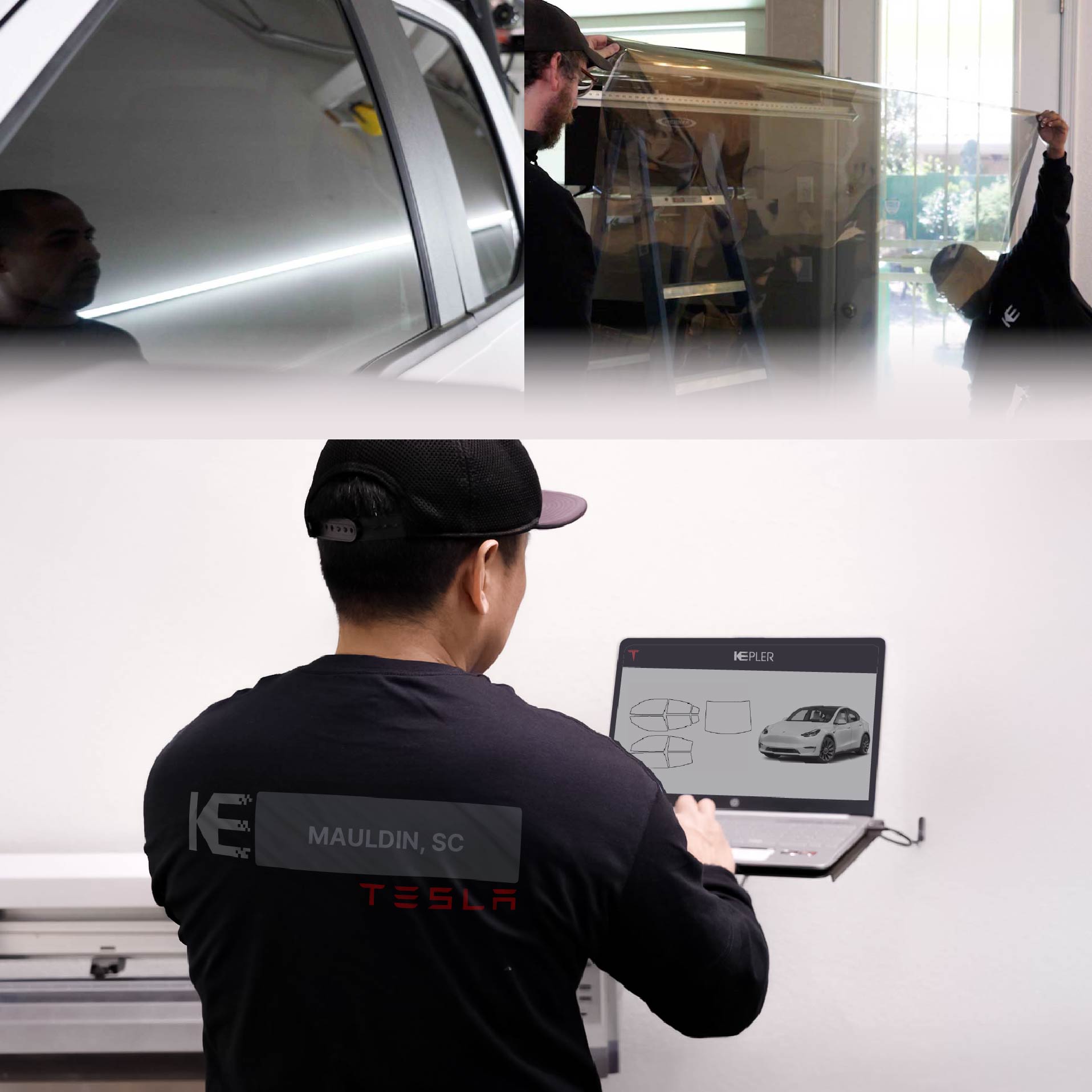 Kepler Technician Installing Ceramic Window Tint to Tesla in Mauldin