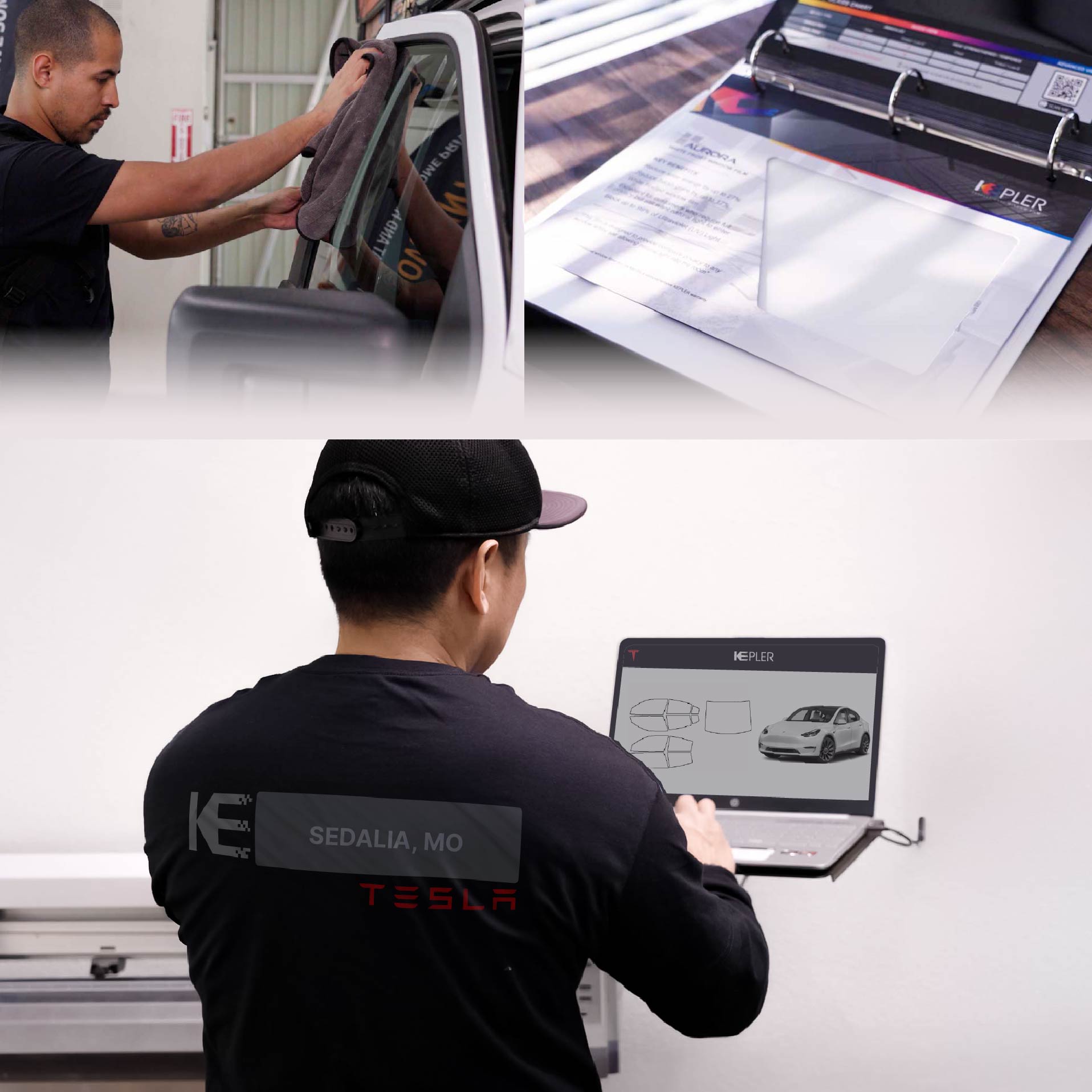 Kepler Technician Applying Advanced Window Tint to Tesla in Sedalia