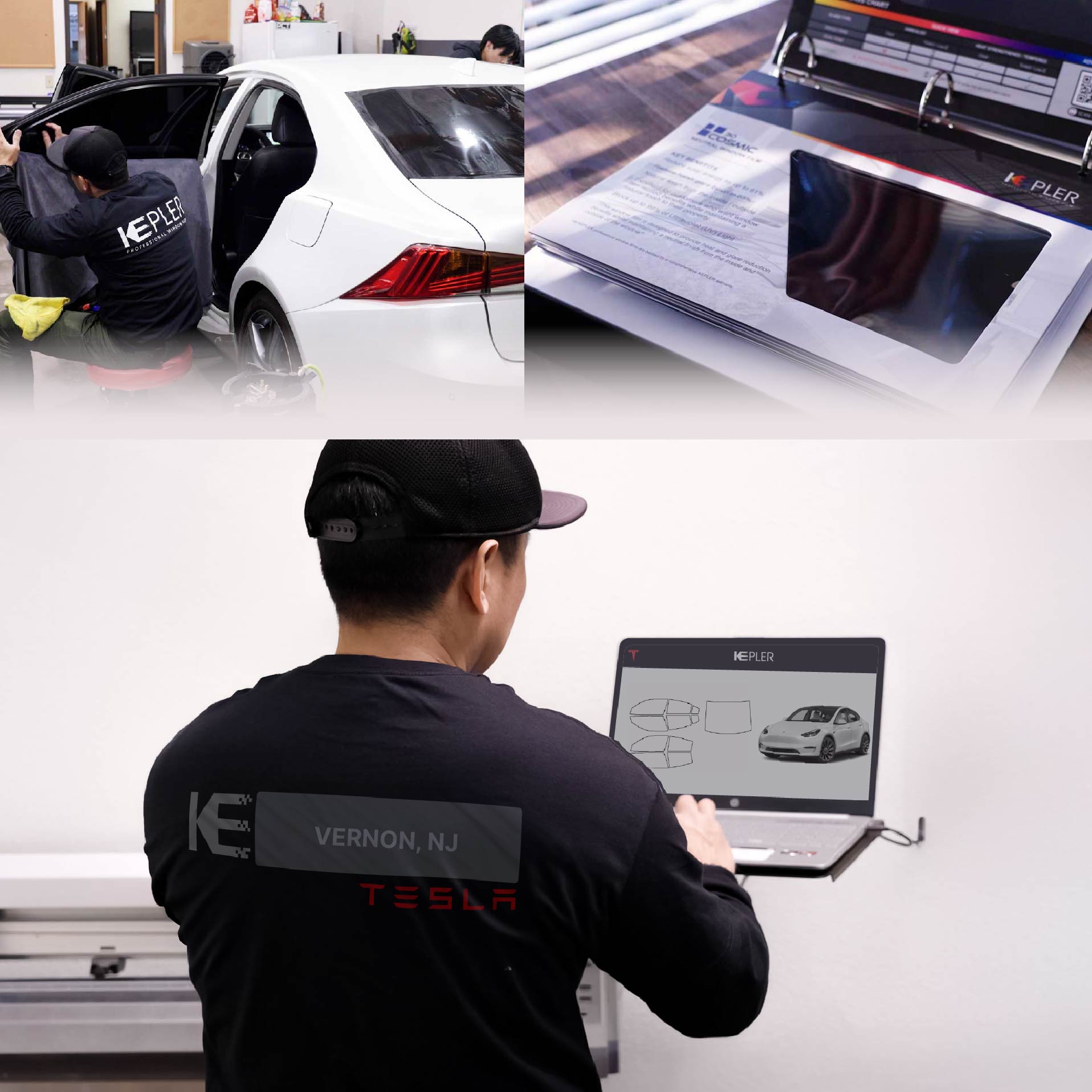 Kepler Technician Applying Advanced Window Tint to Tesla in Vernon