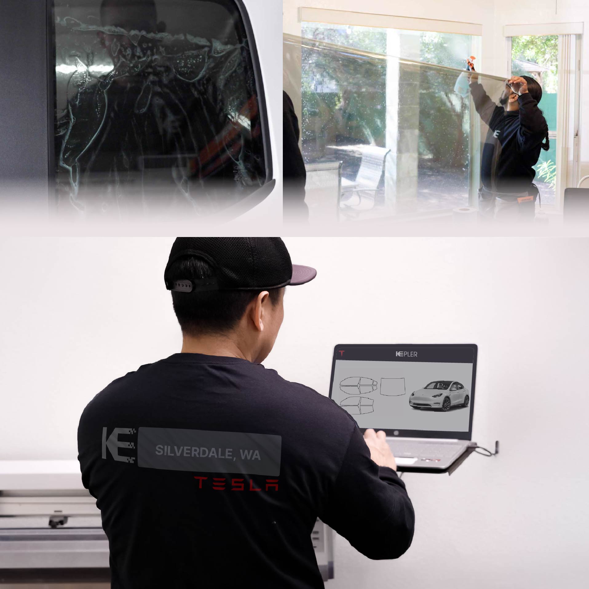 Kepler Technician Applying Ceramic Window Tint to Tesla in Silverdale
