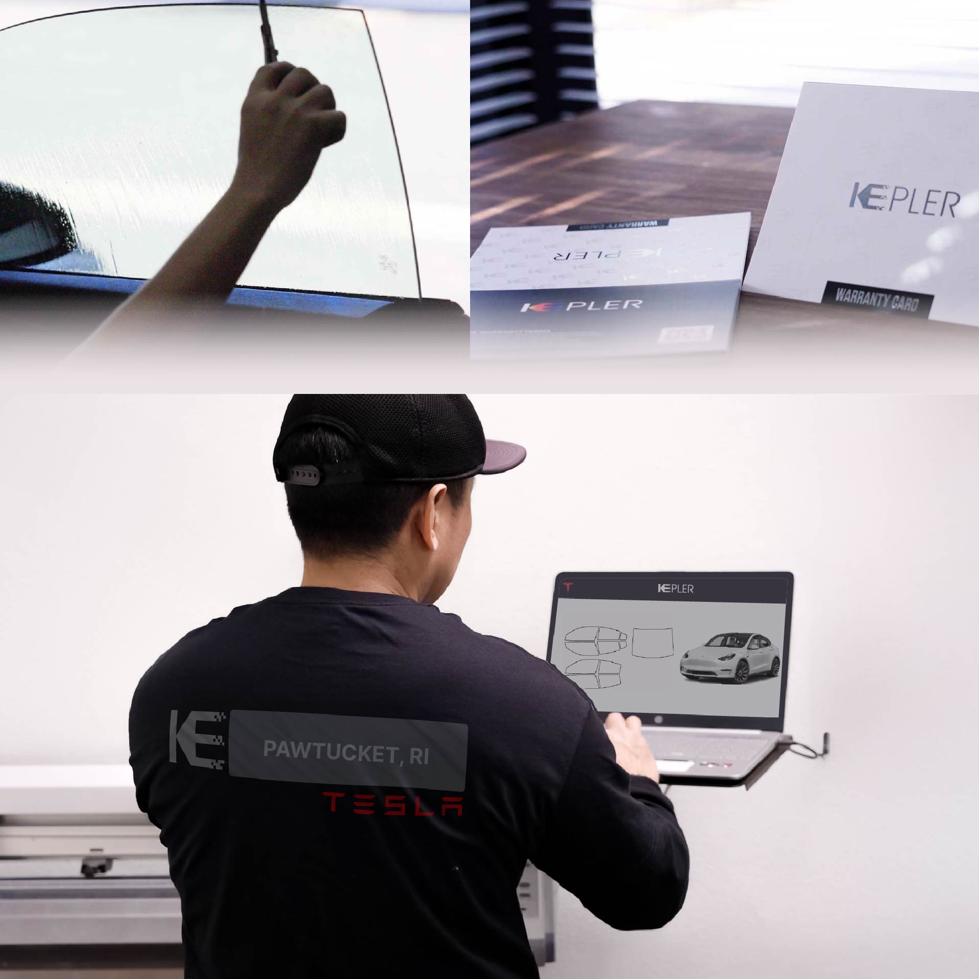 Expert Technician Installing Ceramic Window Tint to Tesla in Pawtucket