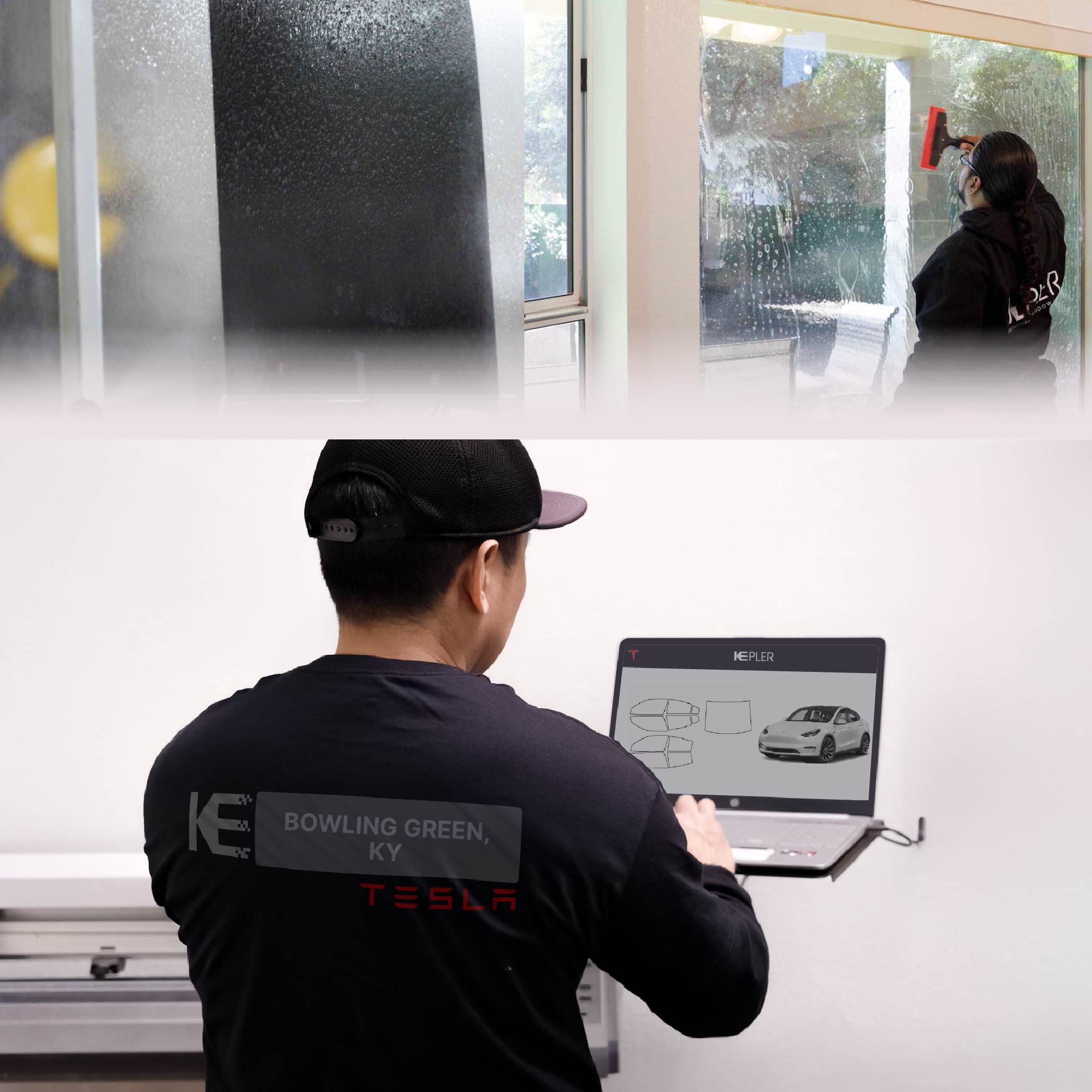 Expert Technician Installing High-tech Window Tint to Tesla in Bowling Green