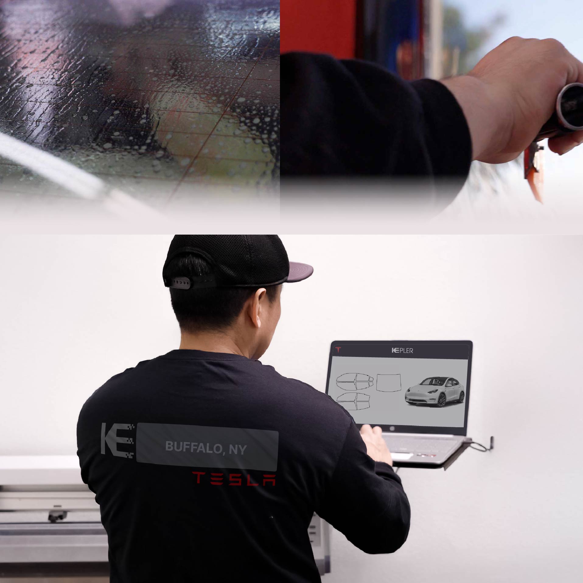 Expert Technician Installing Ceramic Window Tint to Tesla in Buffalo