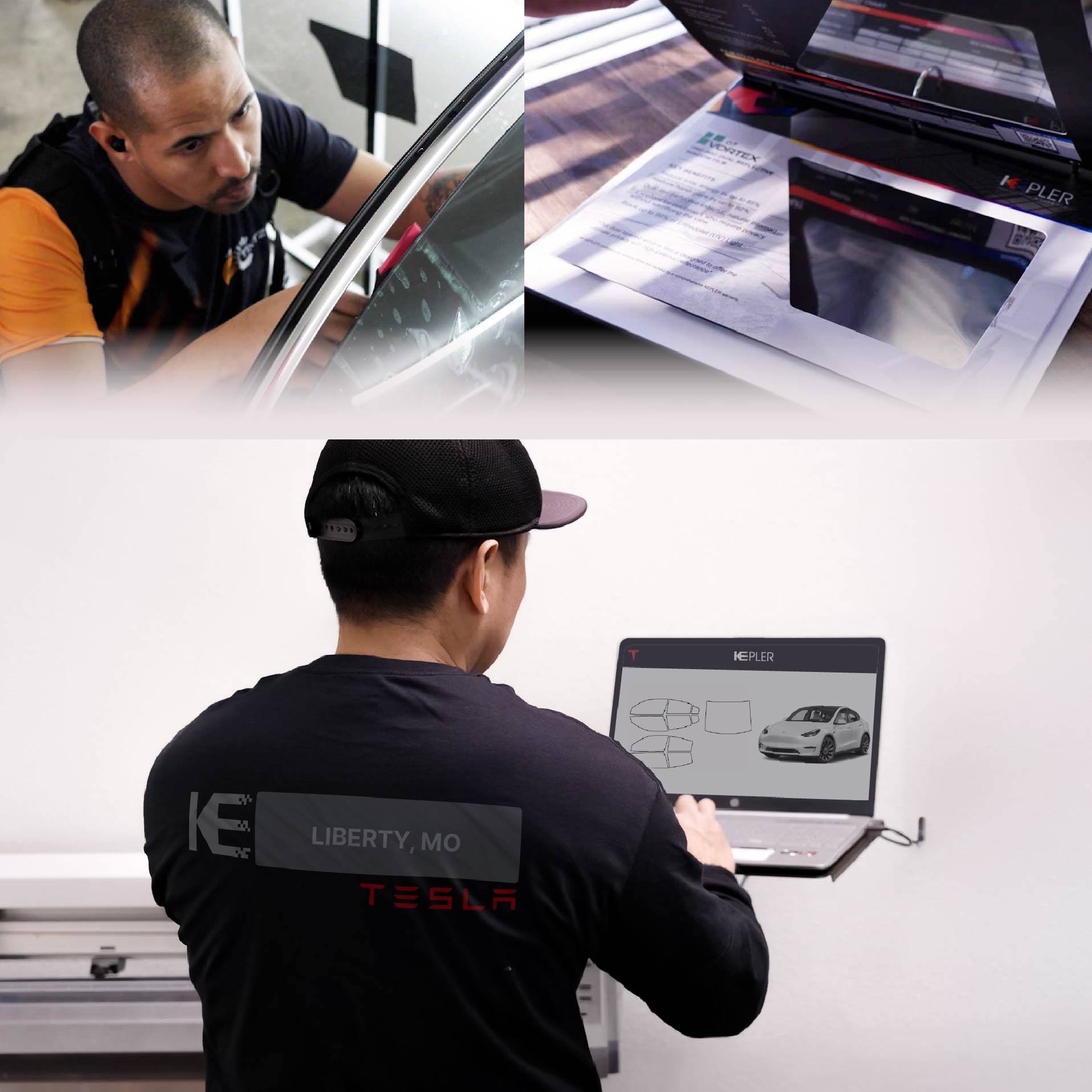 Expert Technician Fitting High-tech Window Tint to Tesla in Liberty