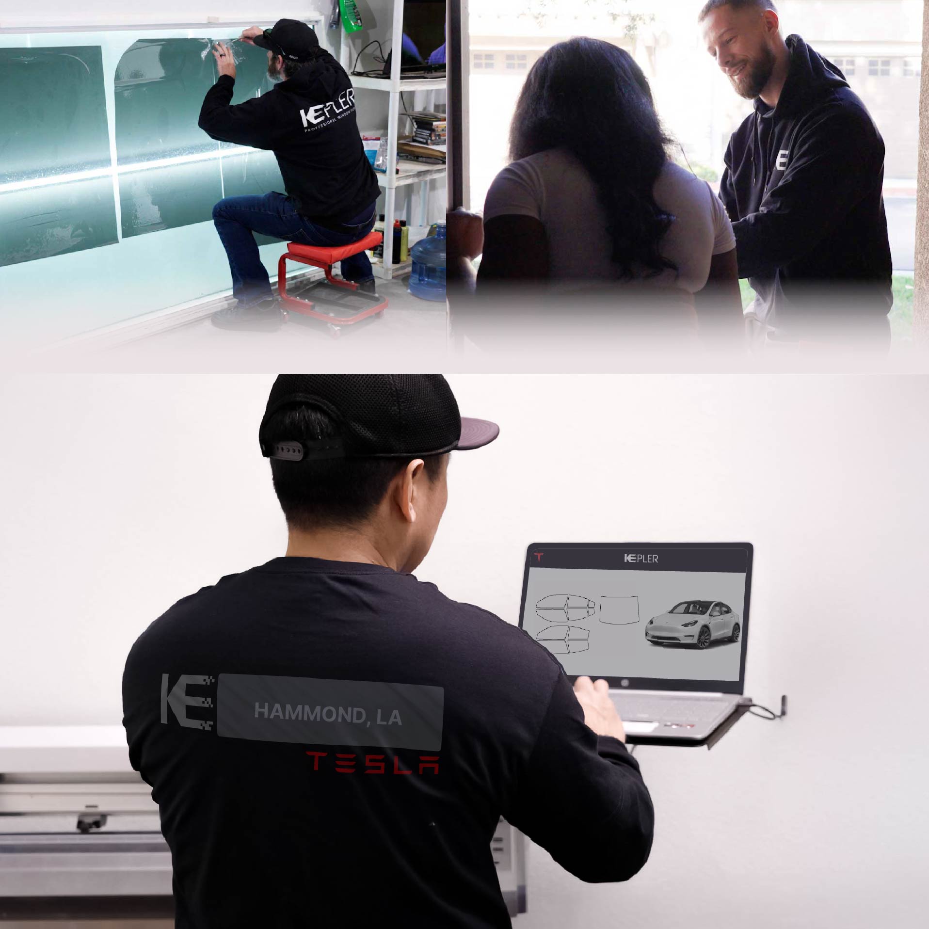 Expert Technician Installing Advanced Window Tint to Tesla in Hammond