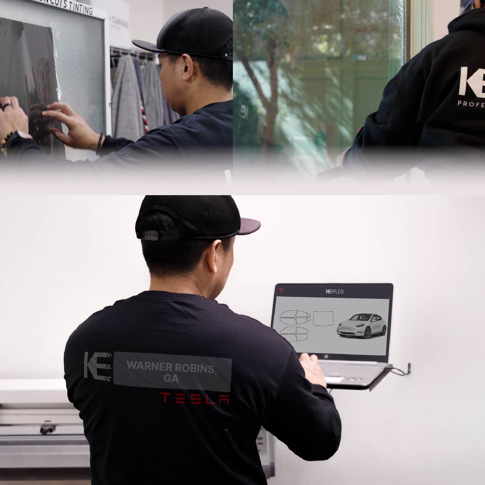 Expert Technician Installing Advanced Window Tint to Tesla in Warner Robins