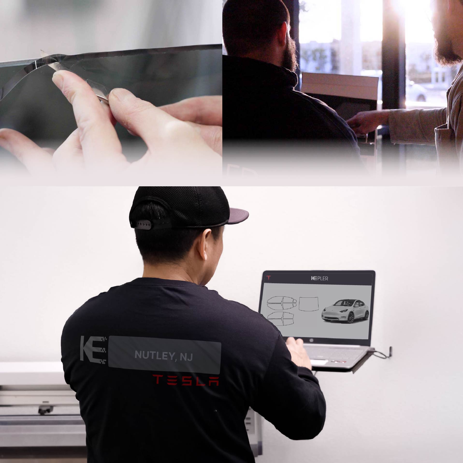Expert Technician Installing Advanced Window Tint to Tesla in Nutley