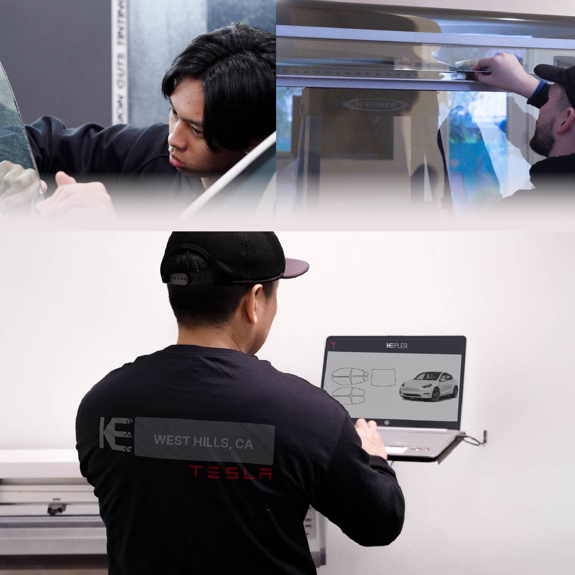 Expert Technician Applying High-tech Window Tint to Tesla in West Hills