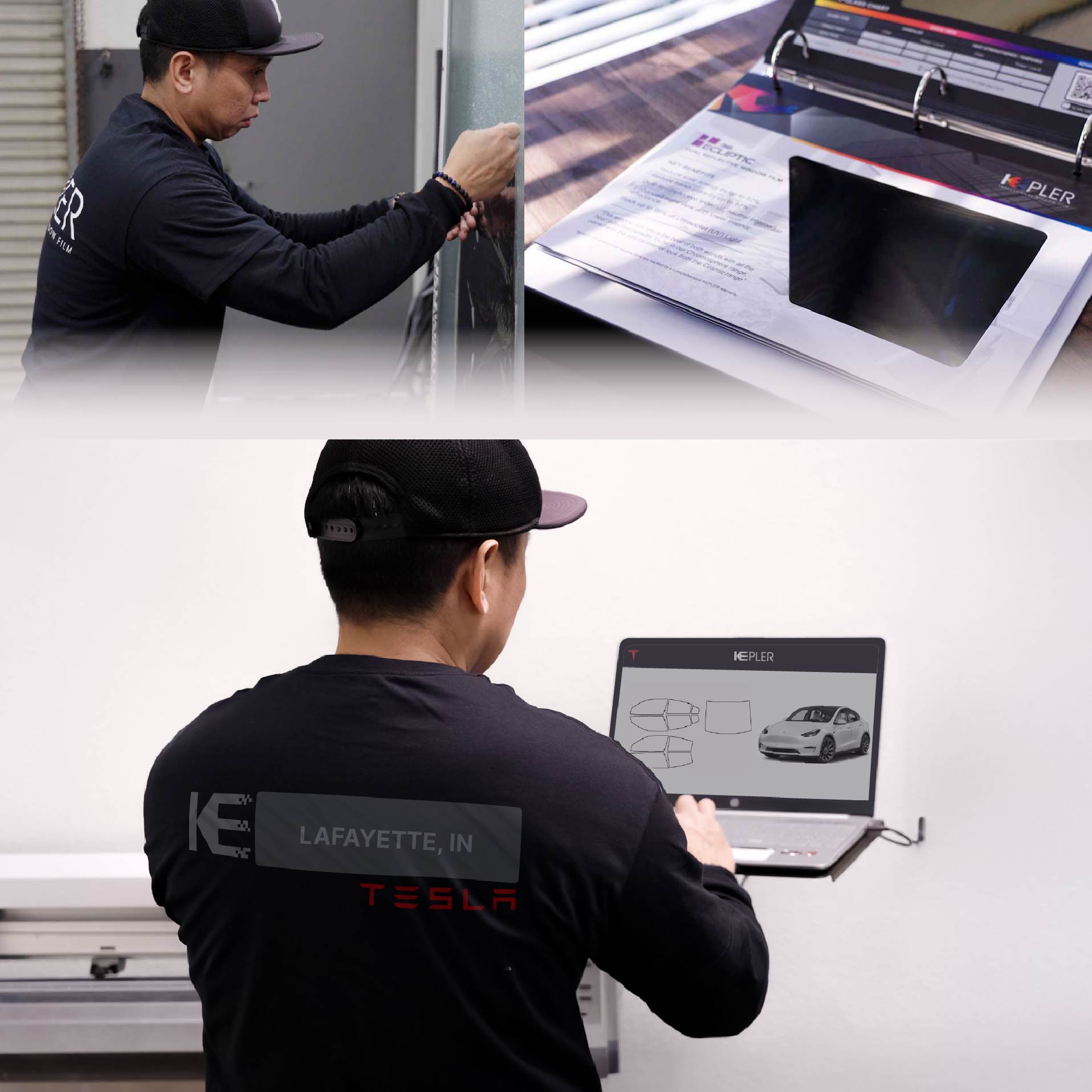 Expert Technician Fitting Ceramic Window Tint to Tesla in Lafayette