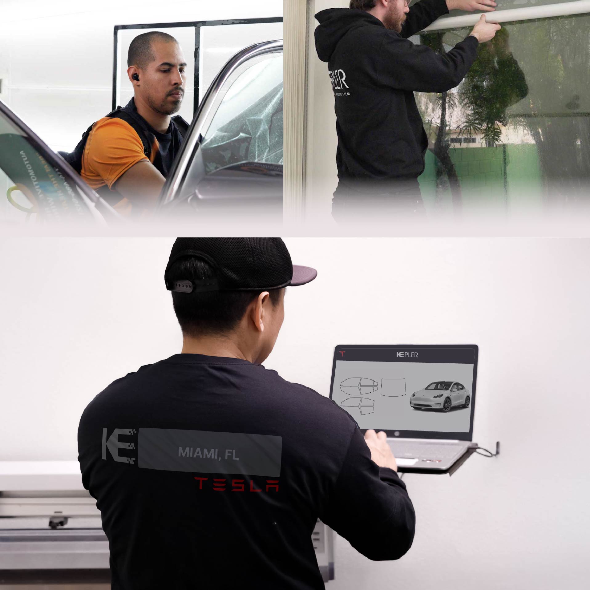 Kepler Technician Applying High-tech Window Tint to Tesla in Miami