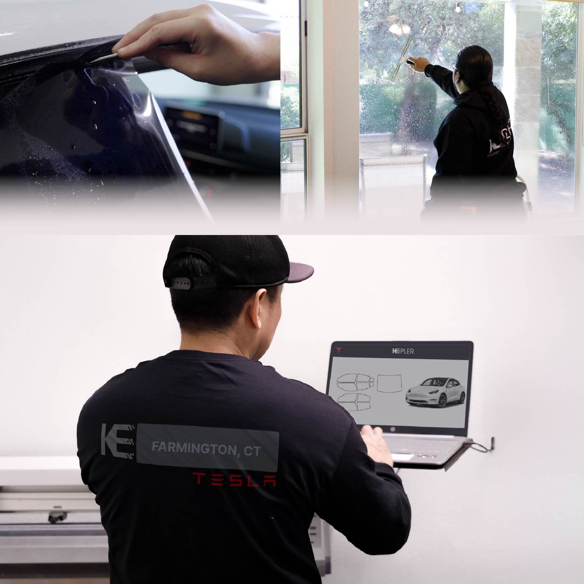 Expert Technician Installing Ceramic Window Tint to Tesla in Farmington