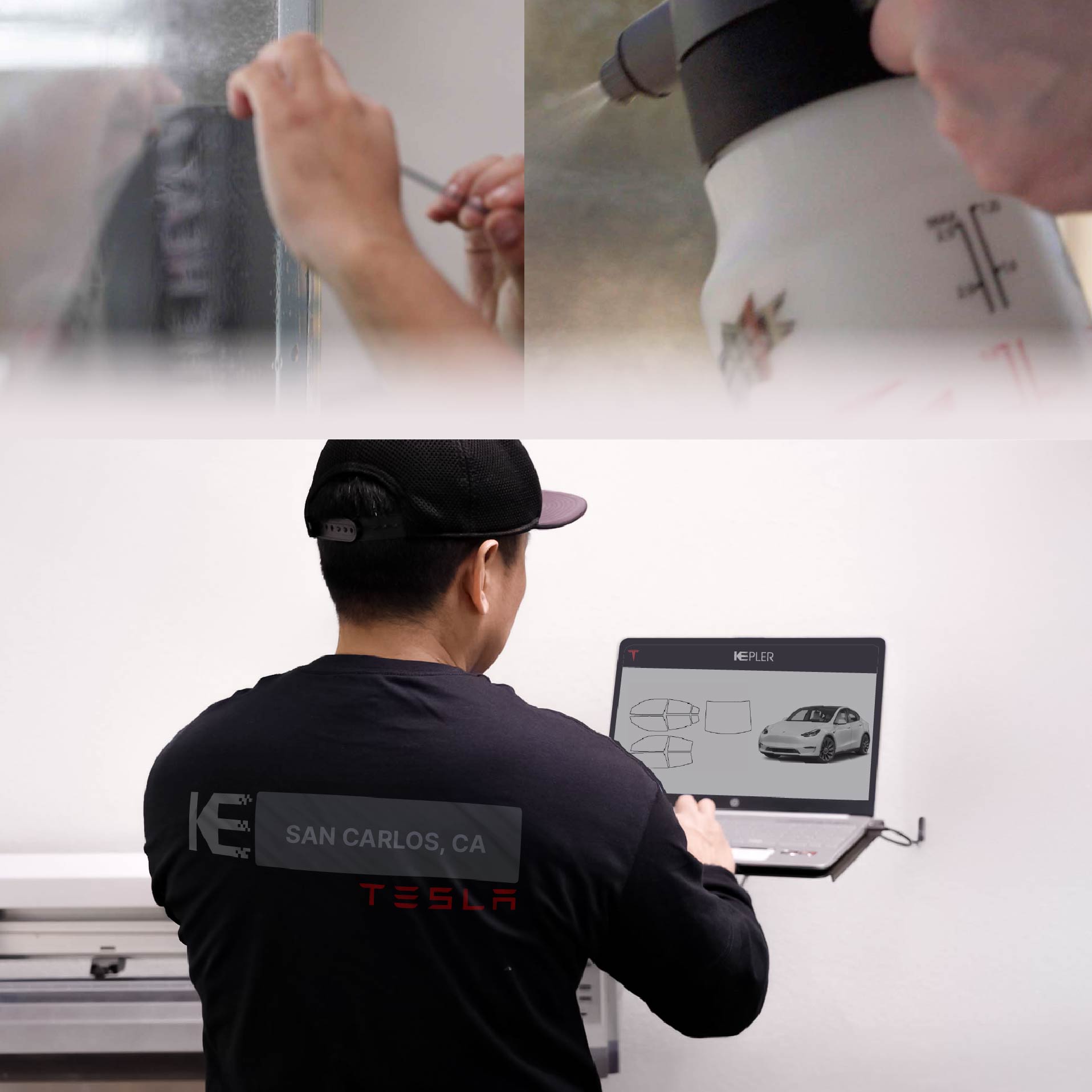 Kepler Technician Applying Ceramic Window Tint to Tesla in San Carlos