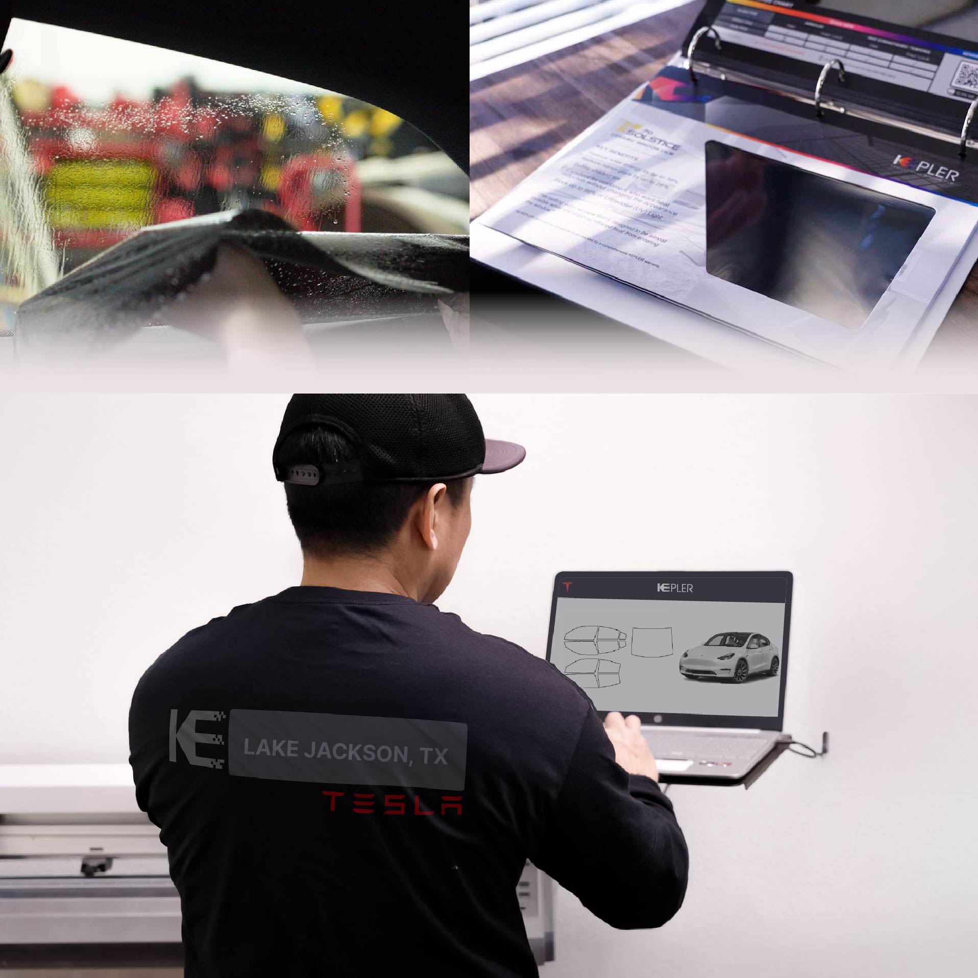 Expert Technician Applying Ceramic Window Tint to Tesla in Lake Jackson